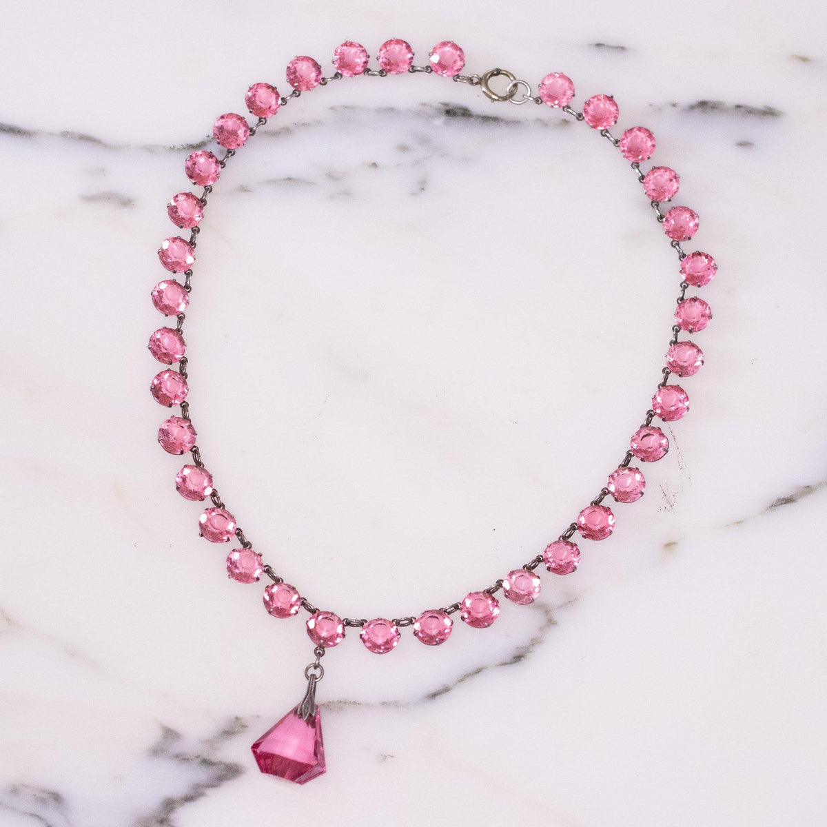 Vintage Art Deco Pink Bezel Set Crystal Necklace