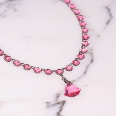 Vintage Art Deco Pink Bezel Set Crystal Necklace by Czech - Vintage Meet Modern Vintage Jewelry - Chicago, Illinois - #oldhollywoodglamour #vintagemeetmodern #designervintage #jewelrybox #antiquejewelry #vintagejewelry