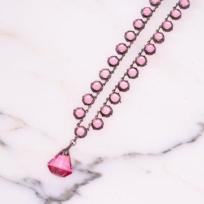 Vintage Art Deco Pink Bezel Set Crystal Necklace by Czech - Vintage Meet Modern Vintage Jewelry - Chicago, Illinois - #oldhollywoodglamour #vintagemeetmodern #designervintage #jewelrybox #antiquejewelry #vintagejewelry