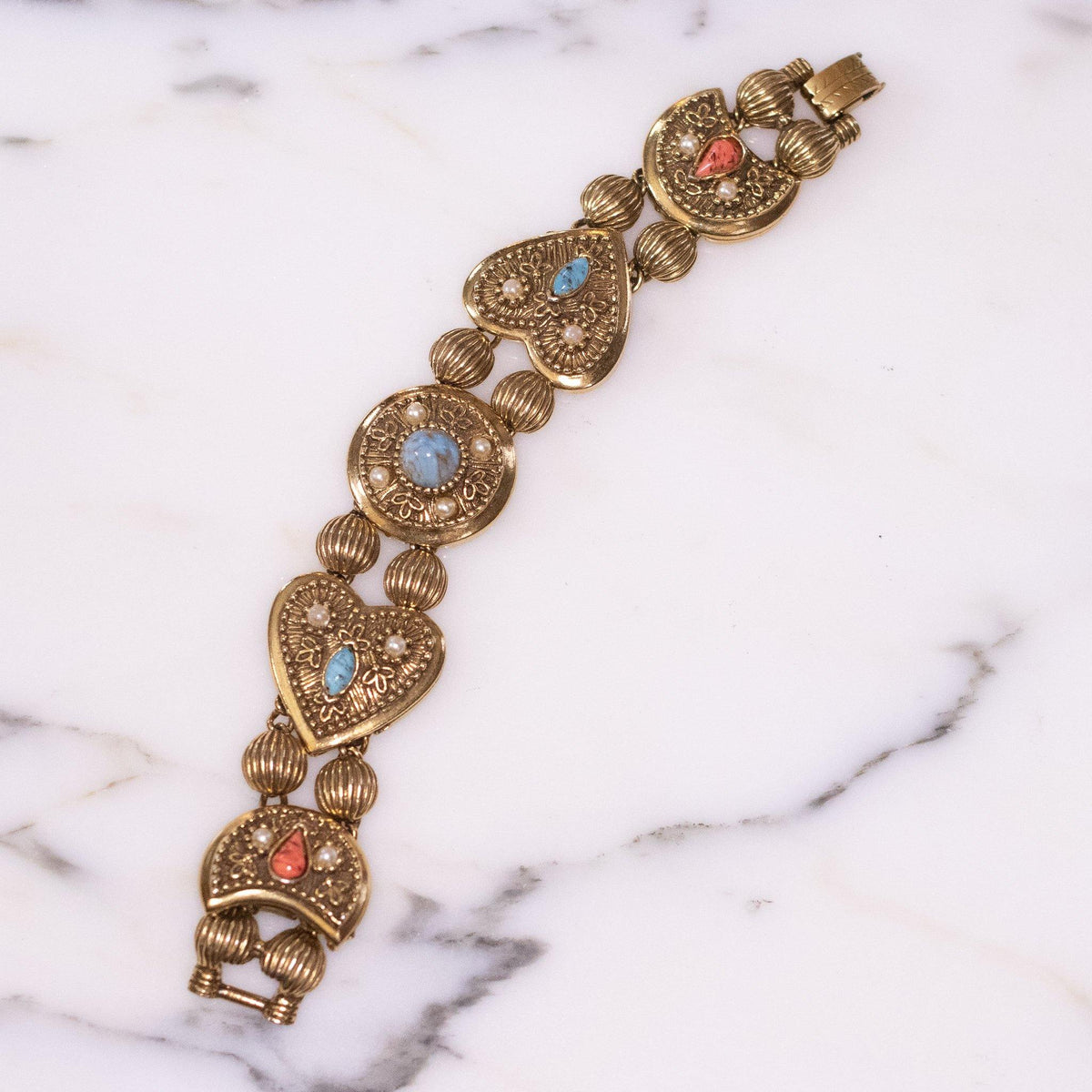 Vintage Victorian Revival Heart Bracelet with Faux Turquoise, Coral and Pearls