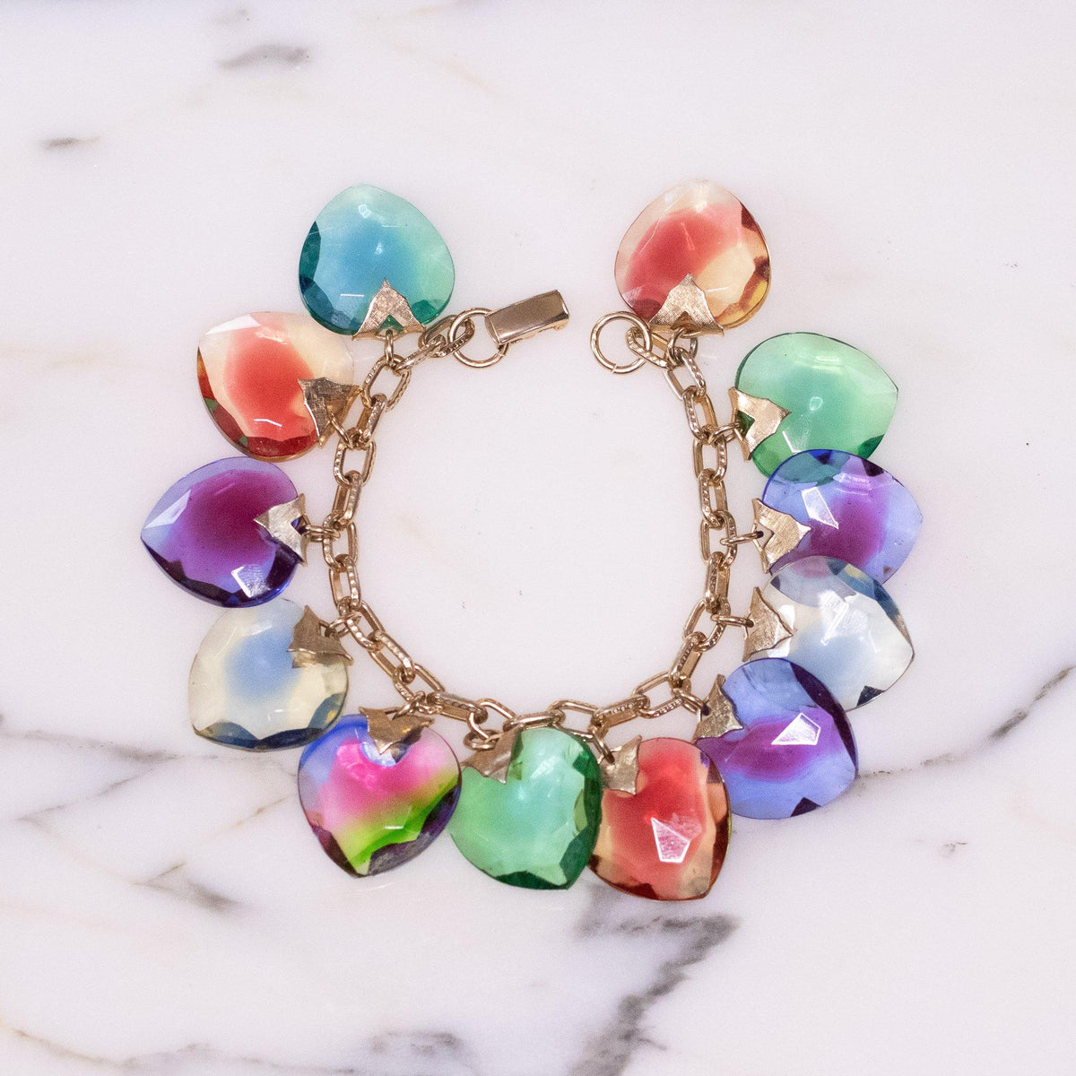 Vintage Warner Colorful Crystal Heart Charm Bracelet