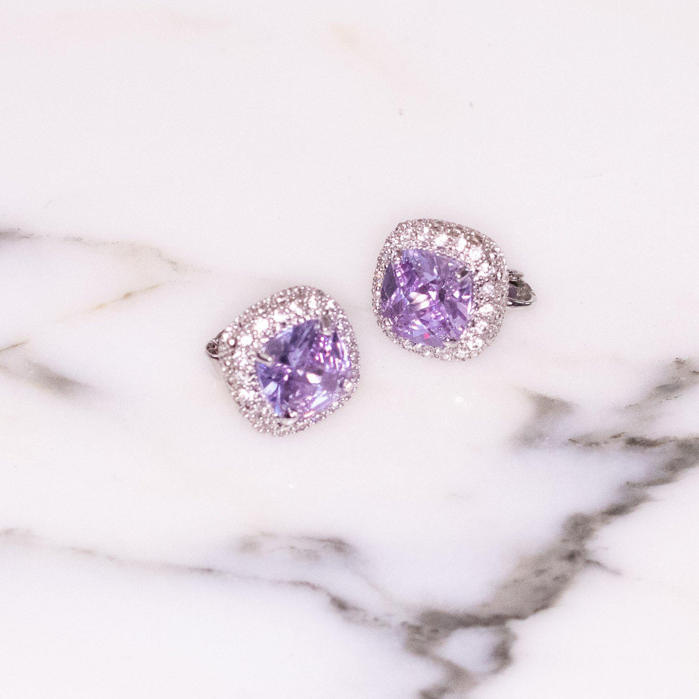 Vintage Pave Diamante Crystal and Light Amethyst Purple Soft Squared Statement Earrings