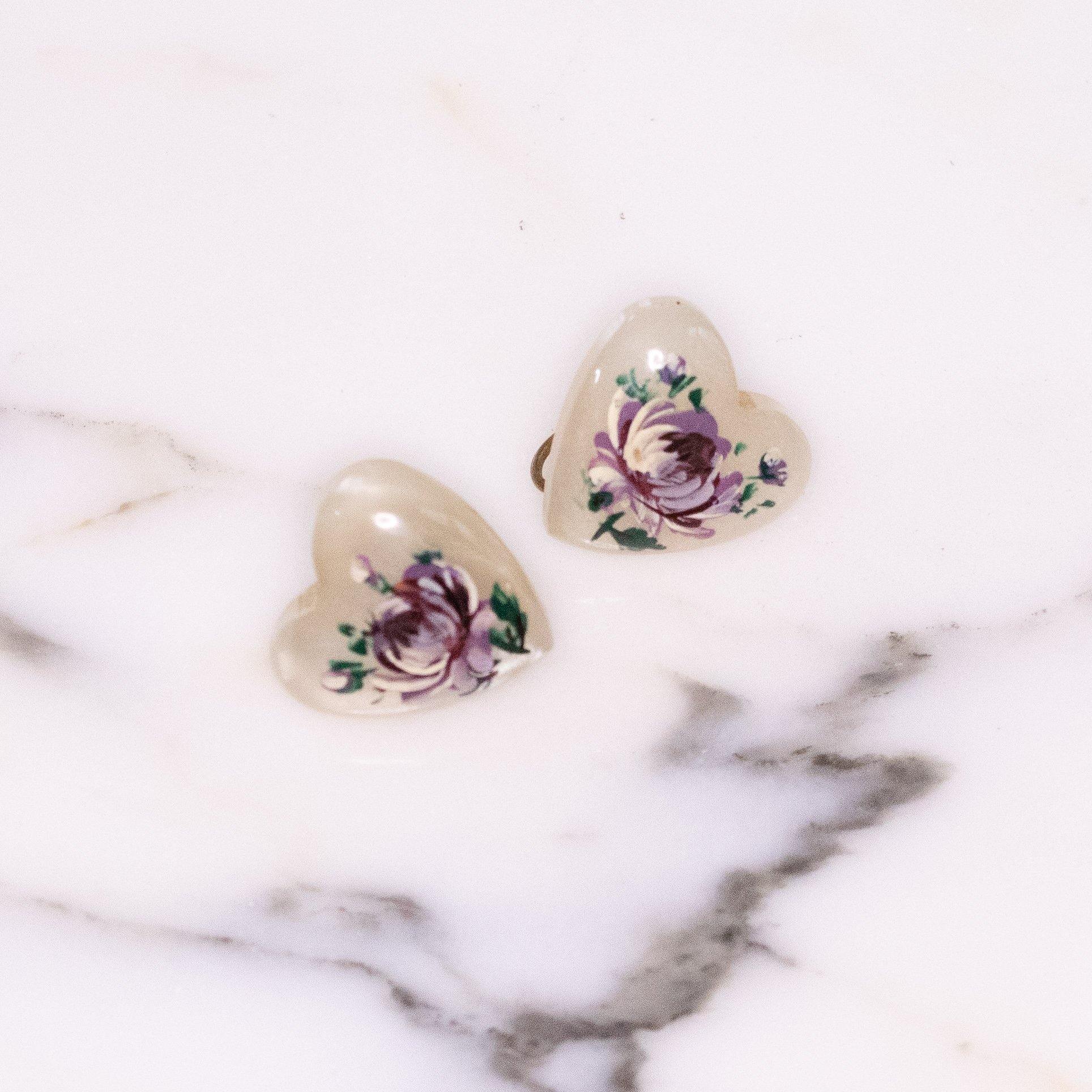 Vintage Heart Shaped White Moonglow Lucite Plastic with Floral Design Earrings by Unsigned - Vintage Meet Modern Vintage Jewelry - Chicago, Illinois - #oldhollywoodglamour #vintagemeetmodern #designervintage #jewelrybox #antiquejewelry #vintagejewelry