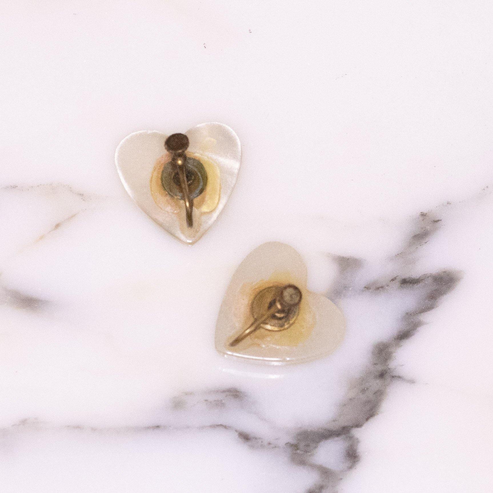 Vintage Heart Shaped White Moonglow Lucite Plastic with Floral Design Earrings by Unsigned - Vintage Meet Modern Vintage Jewelry - Chicago, Illinois - #oldhollywoodglamour #vintagemeetmodern #designervintage #jewelrybox #antiquejewelry #vintagejewelry
