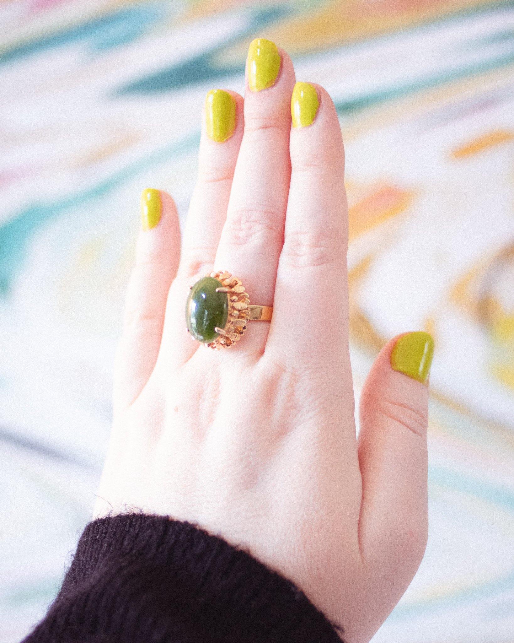 Vintage Jade Glass Cocktail Statement Ring by Unsigned Beauty - Vintage Meet Modern Vintage Jewelry - Chicago, Illinois - #oldhollywoodglamour #vintagemeetmodern #designervintage #jewelrybox #antiquejewelry #vintagejewelry