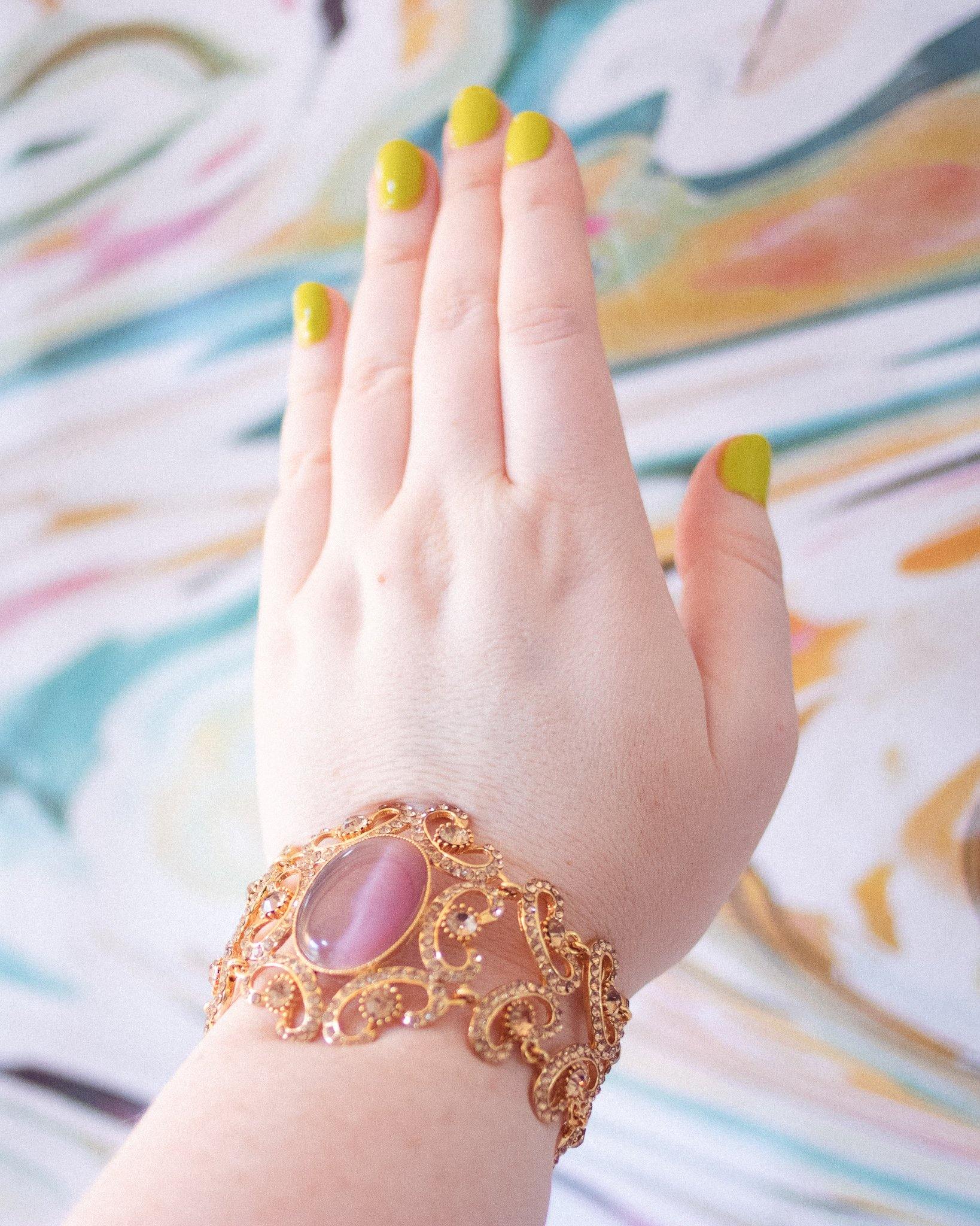 Vintage Gold Filigree Scroll Link Bracelet with Amethyst Cats Eye Moonglow Cabochon by Filigree - Vintage Meet Modern Vintage Jewelry - Chicago, Illinois - #oldhollywoodglamour #vintagemeetmodern #designervintage #jewelrybox #antiquejewelry #vintagejewelry