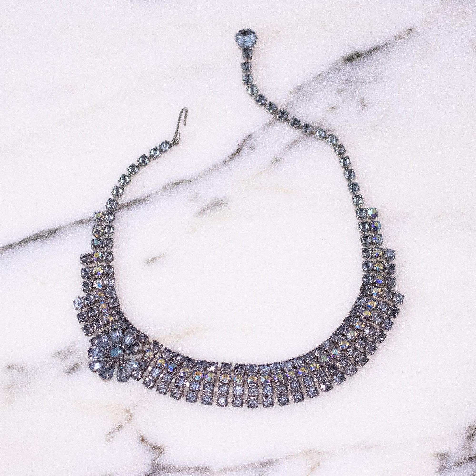 Vintage 1950s Baby Blue Rhinestone with Single Flower Necklace by Unsigned Beauty - Vintage Meet Modern Vintage Jewelry - Chicago, Illinois - #oldhollywoodglamour #vintagemeetmodern #designervintage #jewelrybox #antiquejewelry #vintagejewelry