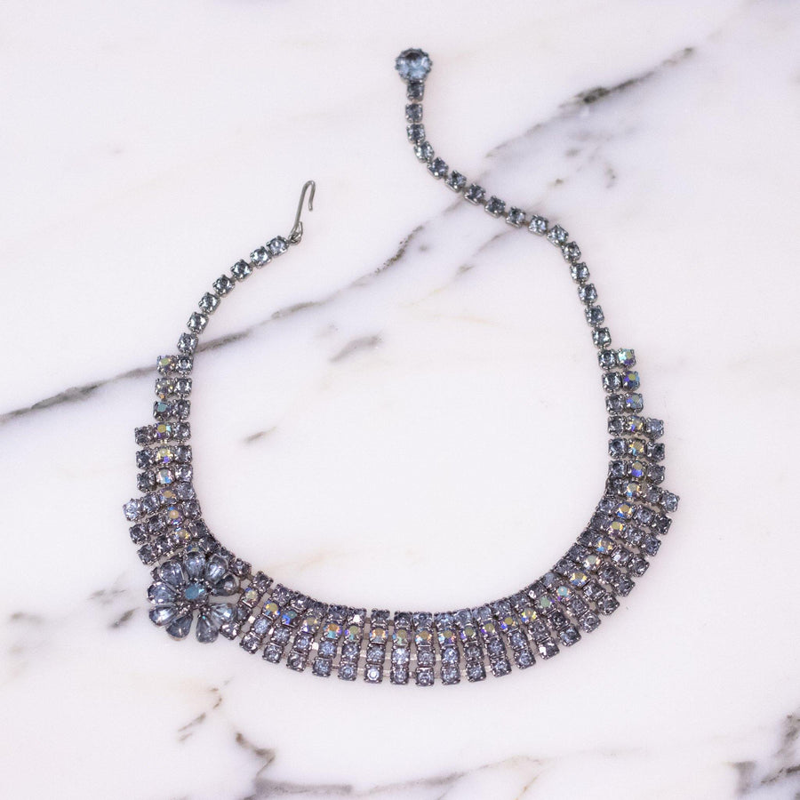 Vintage 1950s Baby Blue Rhinestone with Single Flower Necklace by Unsigned Beauty - Vintage Meet Modern Vintage Jewelry - Chicago, Illinois - #oldhollywoodglamour #vintagemeetmodern #designervintage #jewelrybox #antiquejewelry #vintagejewelry