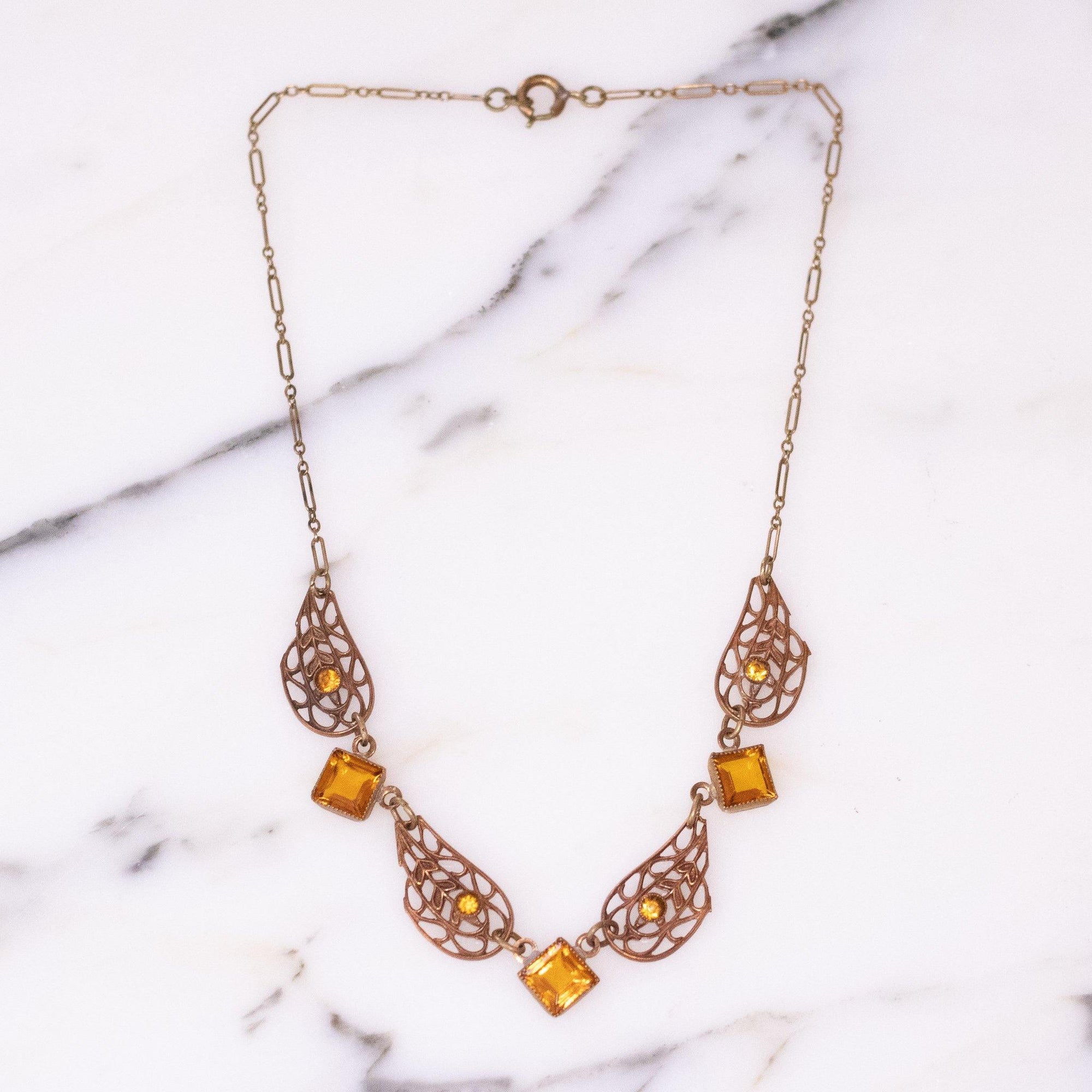 Vintage Czech Gilt Filigree Necklace with Amber Rhinestones by Czech - Vintage Meet Modern Vintage Jewelry - Chicago, Illinois - #oldhollywoodglamour #vintagemeetmodern #designervintage #jewelrybox #antiquejewelry #vintagejewelry