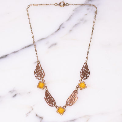 Vintage Czech Gilt Filigree Necklace with Amber Rhinestones by Czech - Vintage Meet Modern Vintage Jewelry - Chicago, Illinois - #oldhollywoodglamour #vintagemeetmodern #designervintage #jewelrybox #antiquejewelry #vintagejewelry