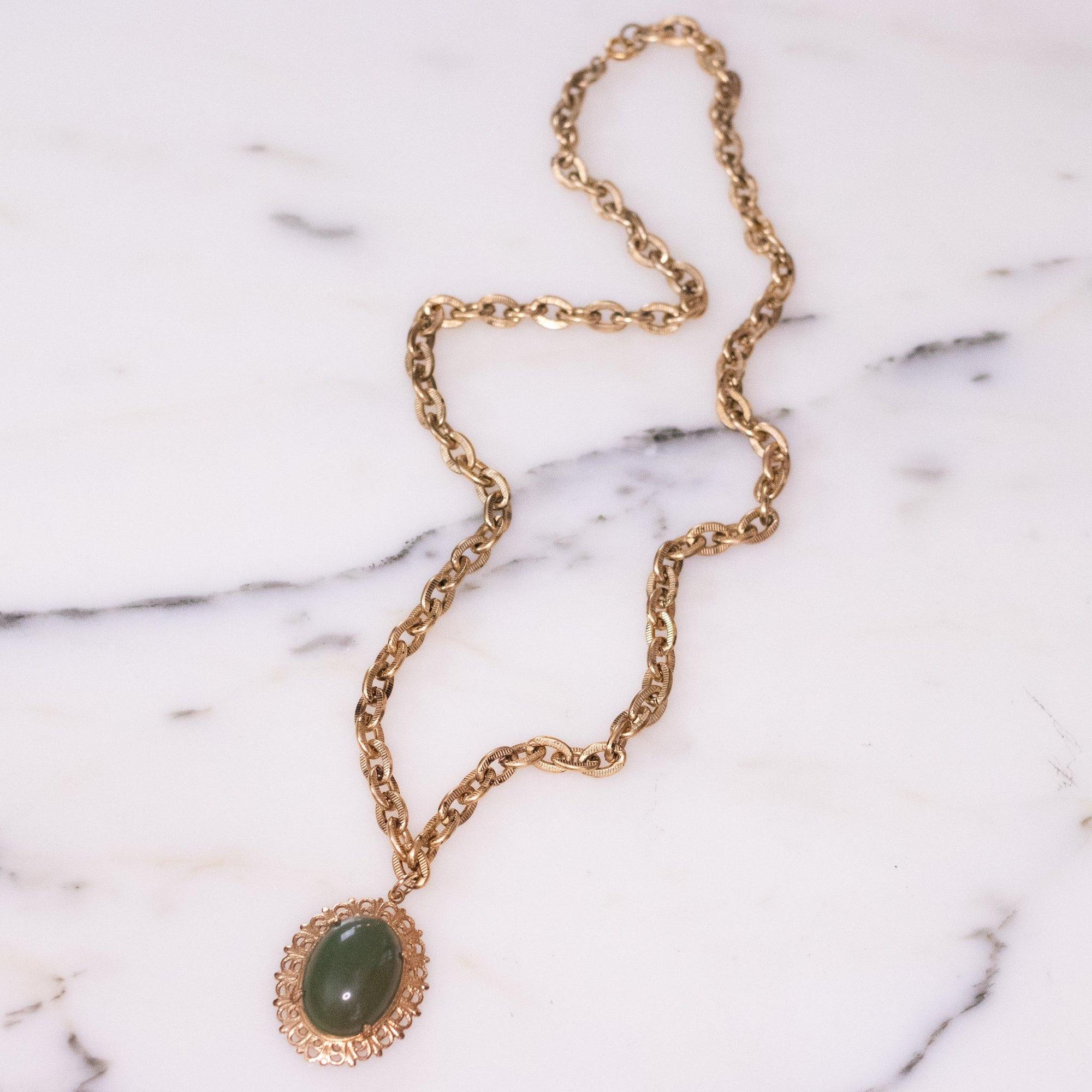 Vintage Faux Jade Lucite Pendant Necklace by Vintage Meet Modern - Vintage Meet Modern Vintage Jewelry - Chicago, Illinois - #oldhollywoodglamour #vintagemeetmodern #designervintage #jewelrybox #antiquejewelry #vintagejewelry