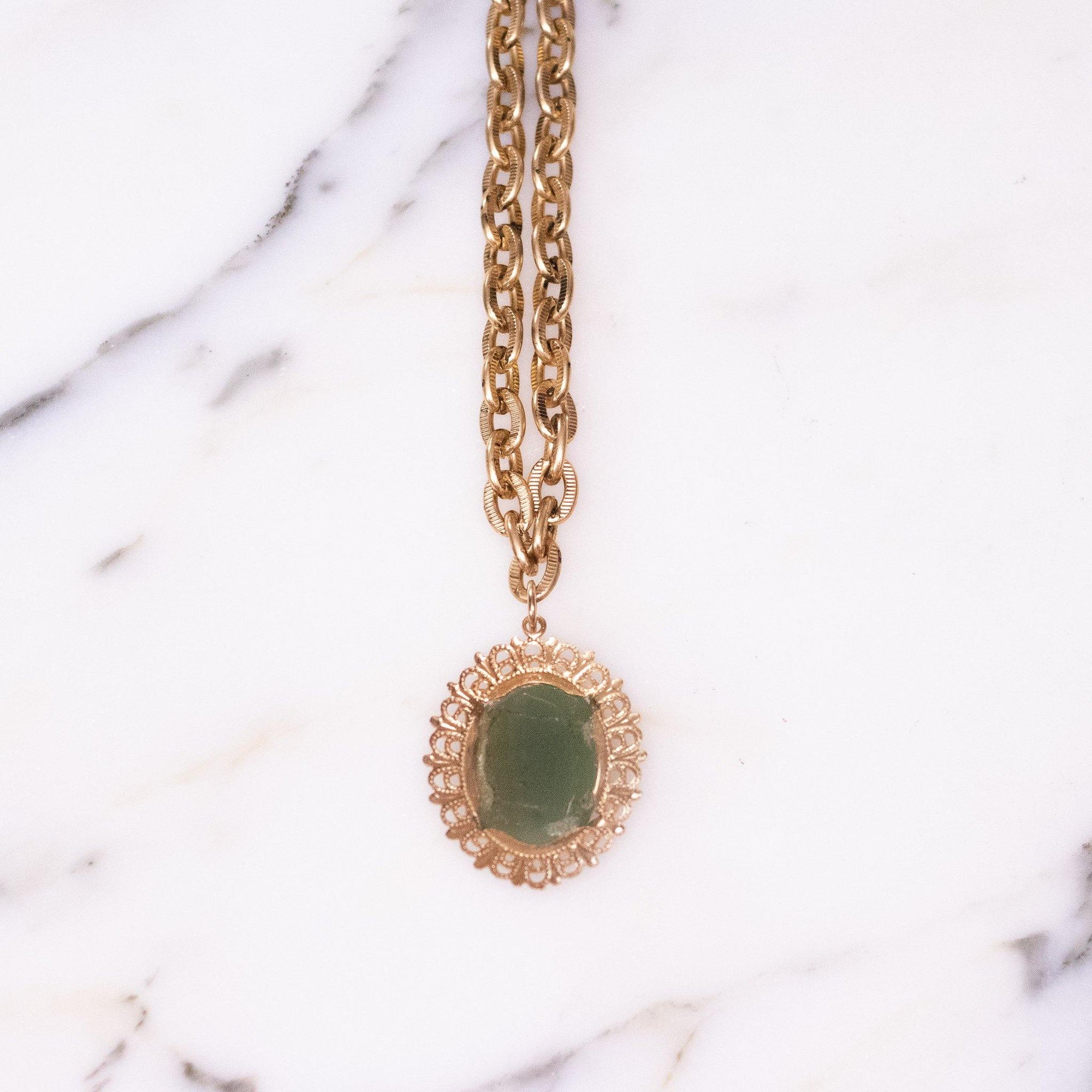 Vintage Faux Jade Lucite Pendant Necklace by Vintage Meet Modern - Vintage Meet Modern Vintage Jewelry - Chicago, Illinois - #oldhollywoodglamour #vintagemeetmodern #designervintage #jewelrybox #antiquejewelry #vintagejewelry