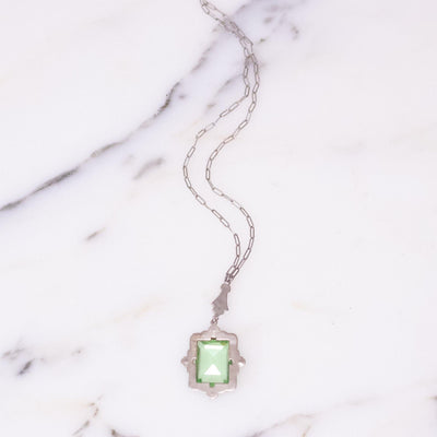 Vintage Art Deco Era Light Green Crystal Sterling Silver Filigree Pendant Necklace with Marcasite Detail by Signed Sterling - Vintage Meet Modern Vintage Jewelry - Chicago, Illinois - #oldhollywoodglamour #vintagemeetmodern #designervintage #jewelrybox #antiquejewelry #vintagejewelry