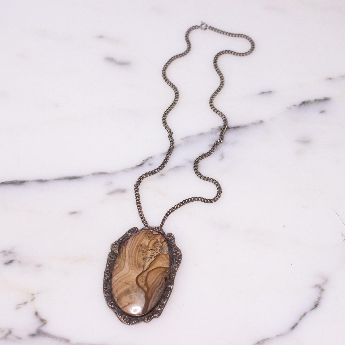 Vintage Picture Agate Statement Pendant Necklace Set In Sterling Silver