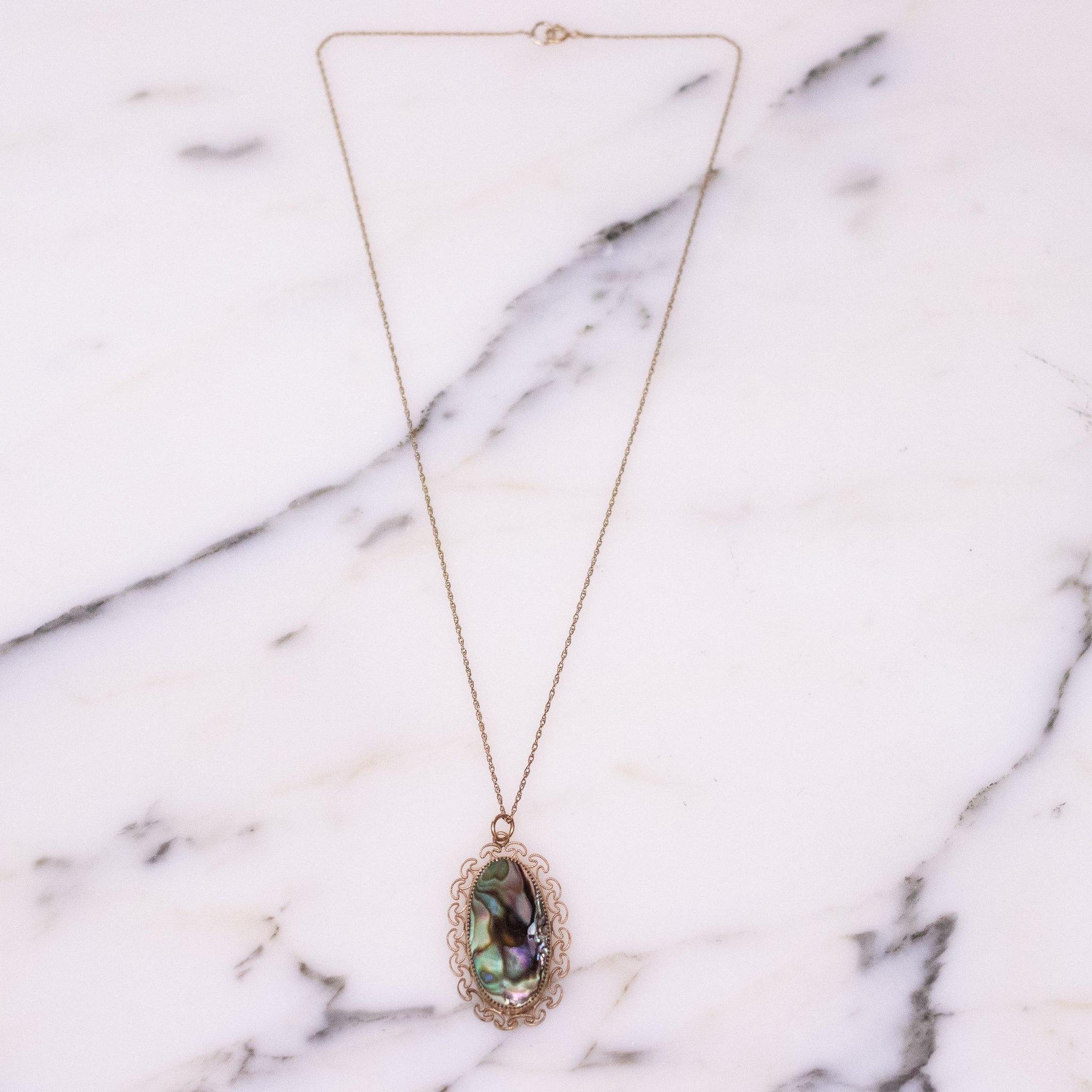 Vintage Abalone Pendant Necklace by 1/20 12kt gold filled - Vintage Meet Modern Vintage Jewelry - Chicago, Illinois - #oldhollywoodglamour #vintagemeetmodern #designervintage #jewelrybox #antiquejewelry #vintagejewelry