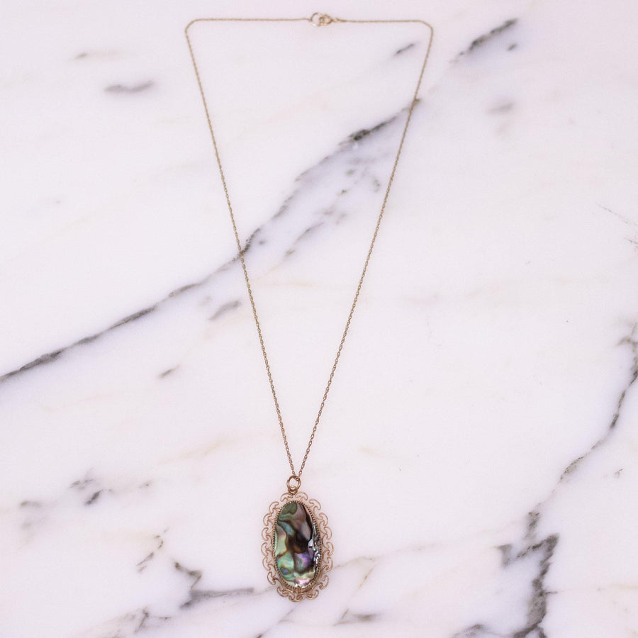 Vintage Abalone Pendant Necklace by 1/20 12kt gold filled - Vintage Meet Modern Vintage Jewelry - Chicago, Illinois - #oldhollywoodglamour #vintagemeetmodern #designervintage #jewelrybox #antiquejewelry #vintagejewelry