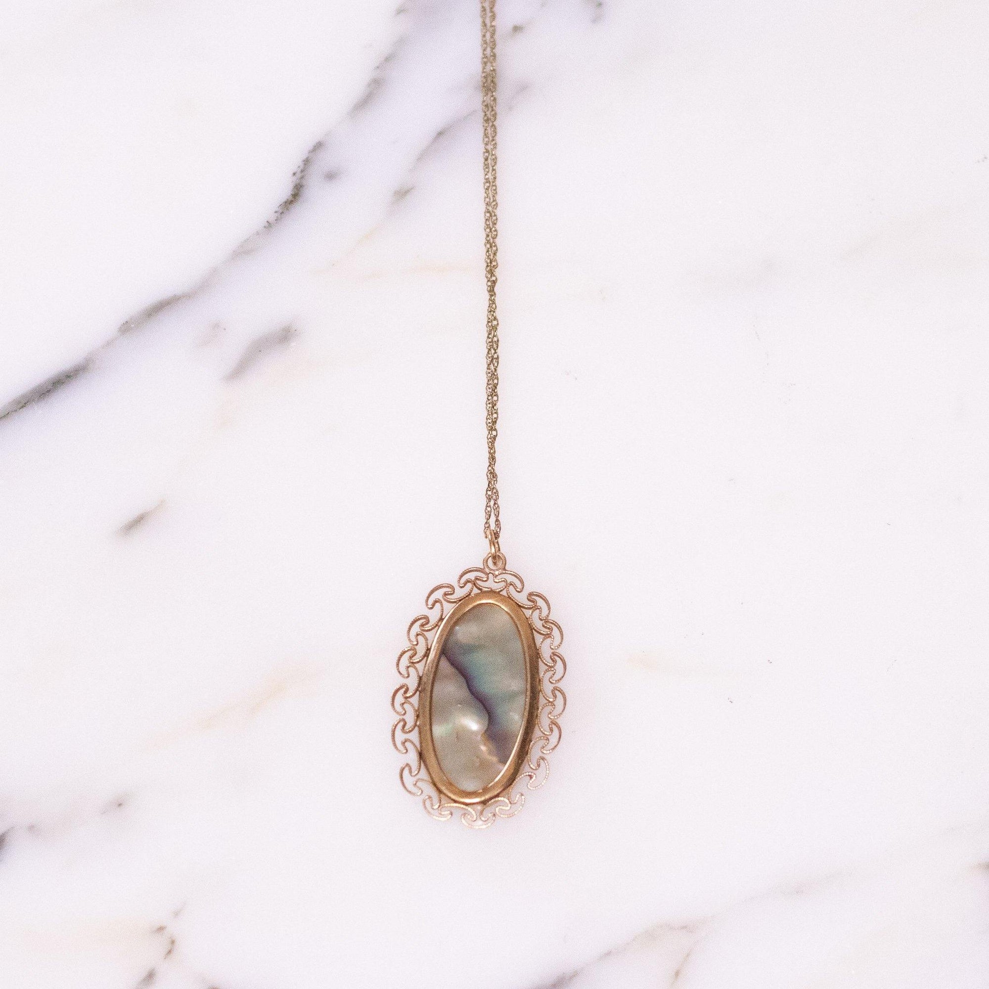 Vintage Abalone Pendant Necklace by 1/20 12kt gold filled - Vintage Meet Modern Vintage Jewelry - Chicago, Illinois - #oldhollywoodglamour #vintagemeetmodern #designervintage #jewelrybox #antiquejewelry #vintagejewelry