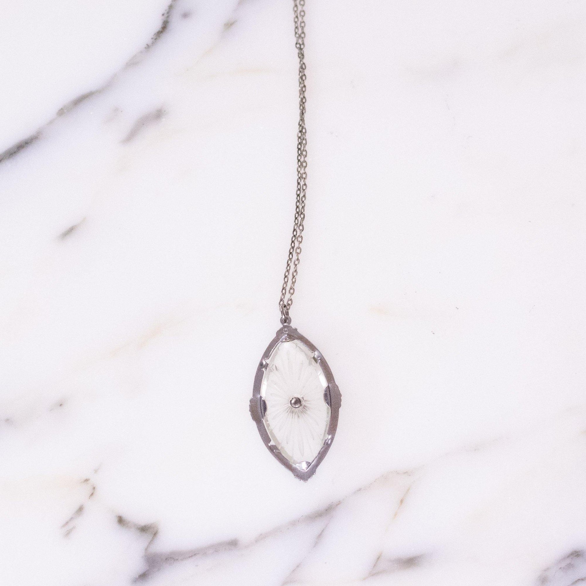 Vintage Edwardian Camphor Glass and Diamante Pendant Necklace by Sterling Silver - Vintage Meet Modern Vintage Jewelry - Chicago, Illinois - #oldhollywoodglamour #vintagemeetmodern #designervintage #jewelrybox #antiquejewelry #vintagejewelry