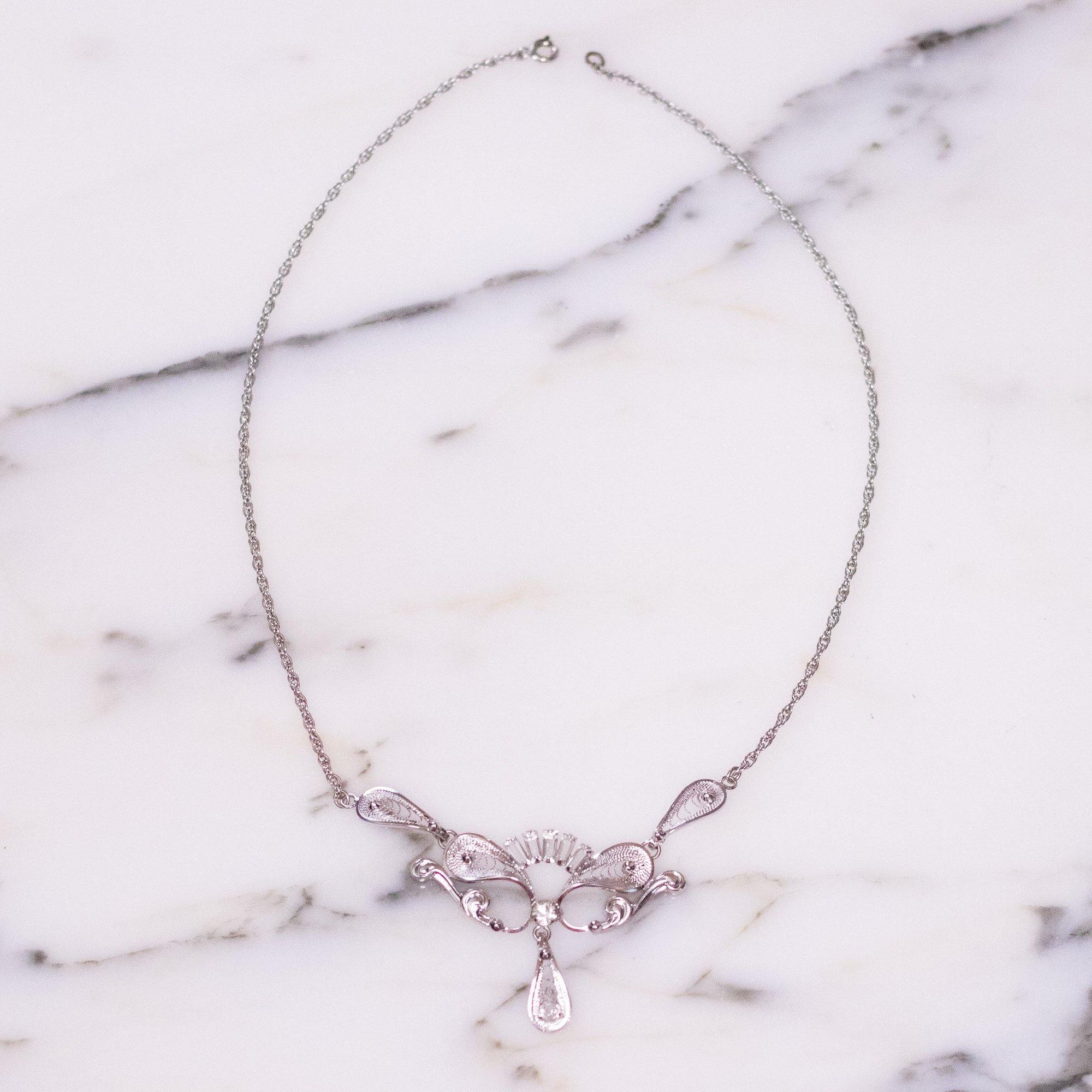 Vintage Celeste Diamante Rhinestone Necklace with Fancy Filigree Ornate Pendant by Celeste - Vintage Meet Modern Vintage Jewelry - Chicago, Illinois - #oldhollywoodglamour #vintagemeetmodern #designervintage #jewelrybox #antiquejewelry #vintagejewelry