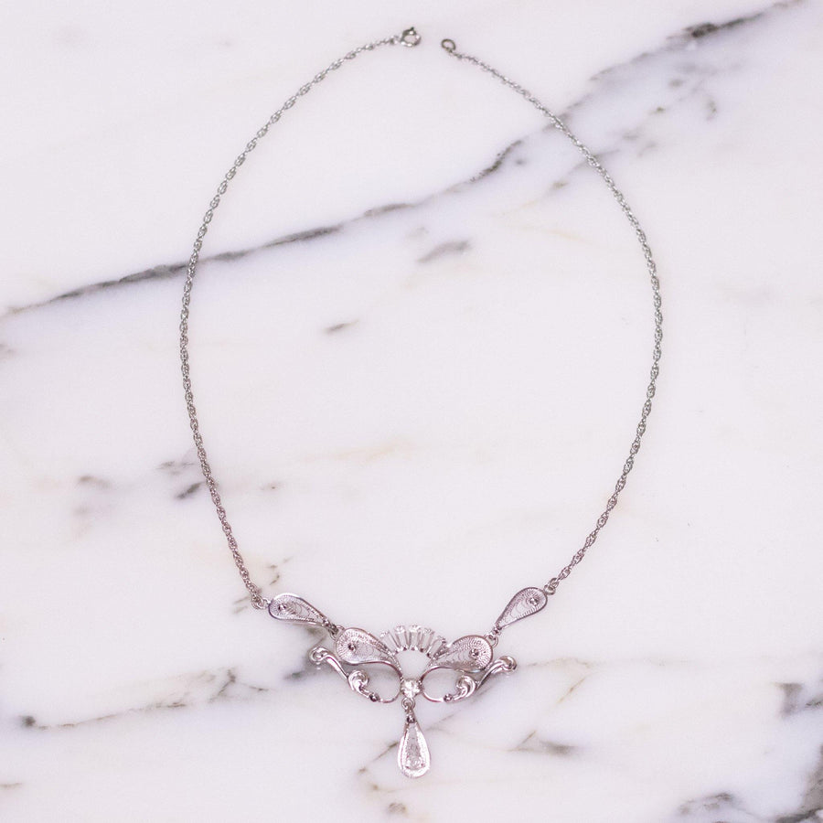 Vintage Celeste Diamante Rhinestone Necklace with Fancy Filigree Ornate Pendant by Celeste - Vintage Meet Modern Vintage Jewelry - Chicago, Illinois - #oldhollywoodglamour #vintagemeetmodern #designervintage #jewelrybox #antiquejewelry #vintagejewelry