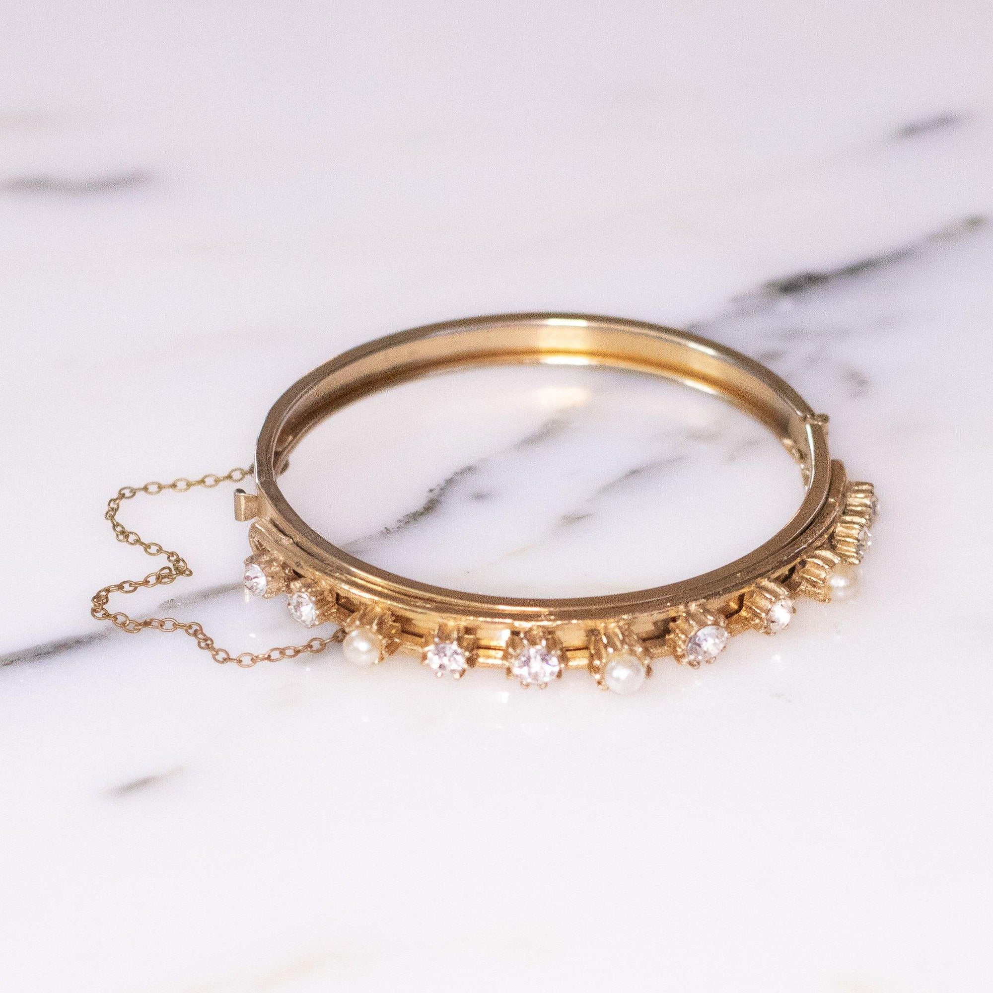 Vintage 1950s Victoria Revival Style Gold Tone Bangle Diamante Rhinestone with Faux Pearl Bracelet by Unsigned Beauty - Vintage Meet Modern Vintage Jewelry - Chicago, Illinois - #oldhollywoodglamour #vintagemeetmodern #designervintage #jewelrybox #antiquejewelry #vintagejewelry