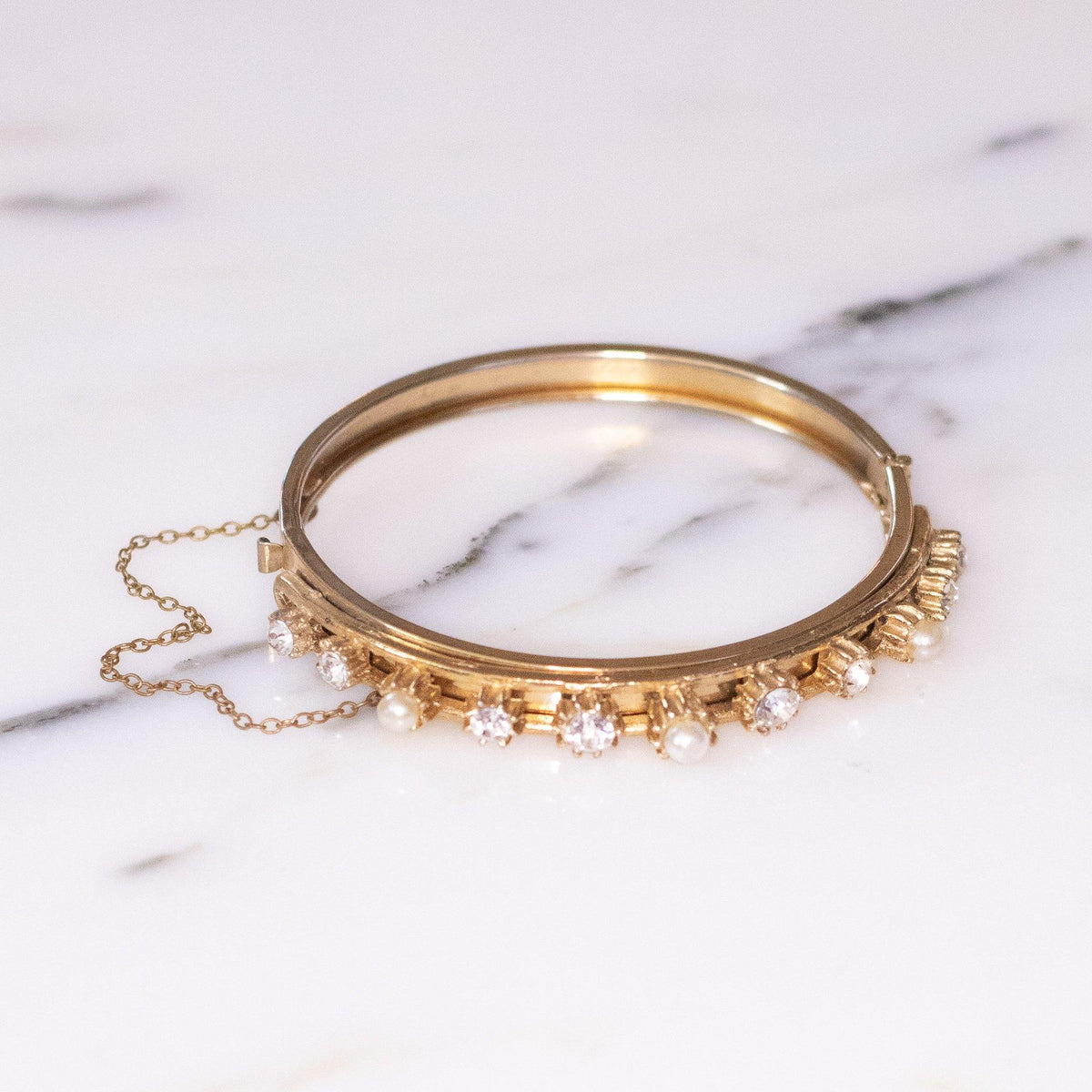 Vintage 1950s Victoria Revival Style Gold Tone Bangle Diamante Rhinestone with Faux Pearl Bracelet
