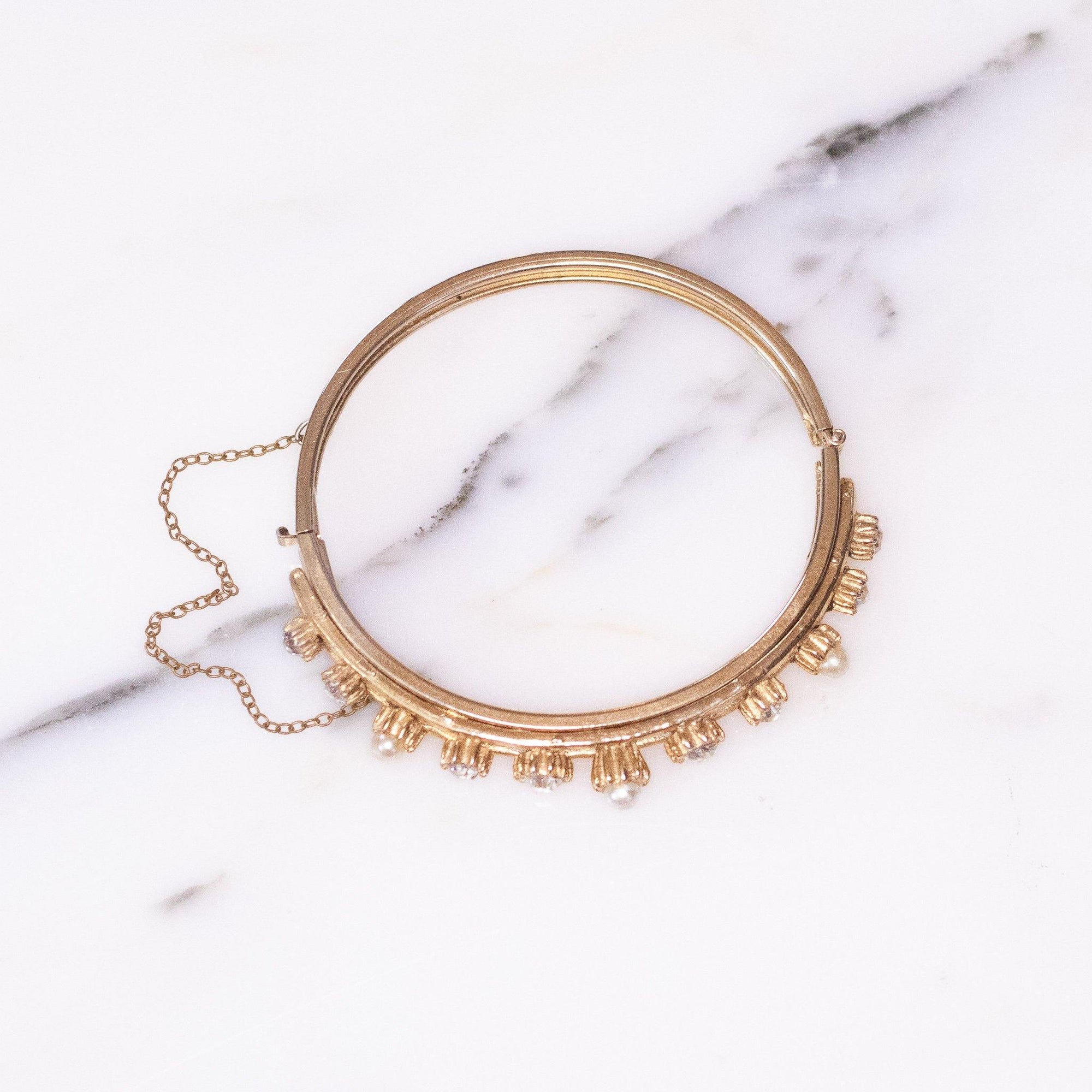 Vintage 1950s Victoria Revival Style Gold Tone Bangle Diamante Rhinestone with Faux Pearl Bracelet by Unsigned Beauty - Vintage Meet Modern Vintage Jewelry - Chicago, Illinois - #oldhollywoodglamour #vintagemeetmodern #designervintage #jewelrybox #antiquejewelry #vintagejewelry