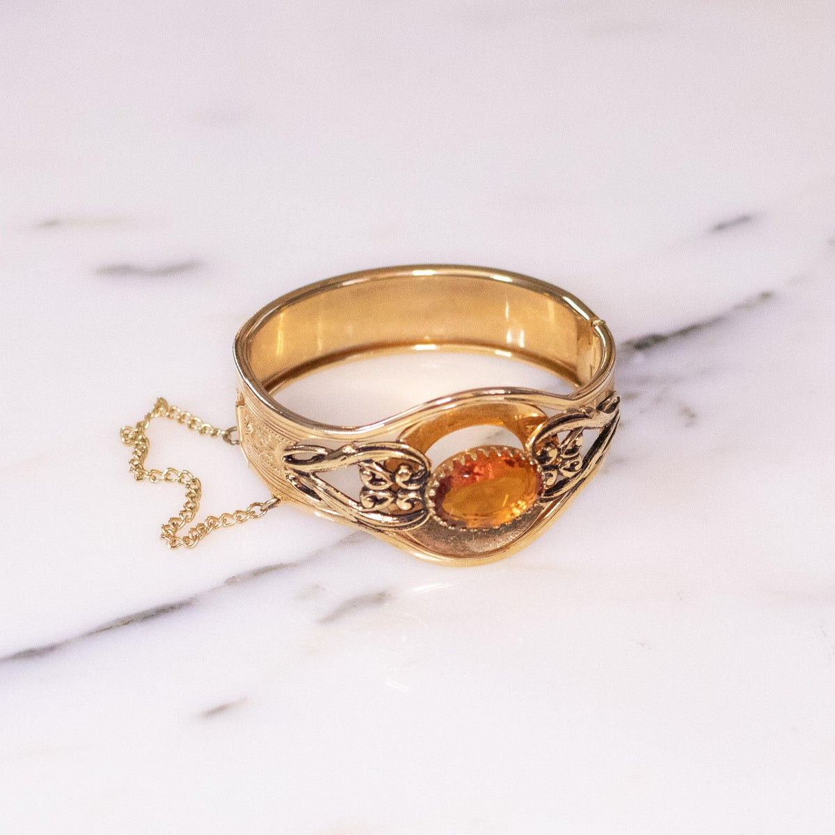 Vintage Czech Gold Tone Embossed Statement Bracelet  Amber Rhinestone