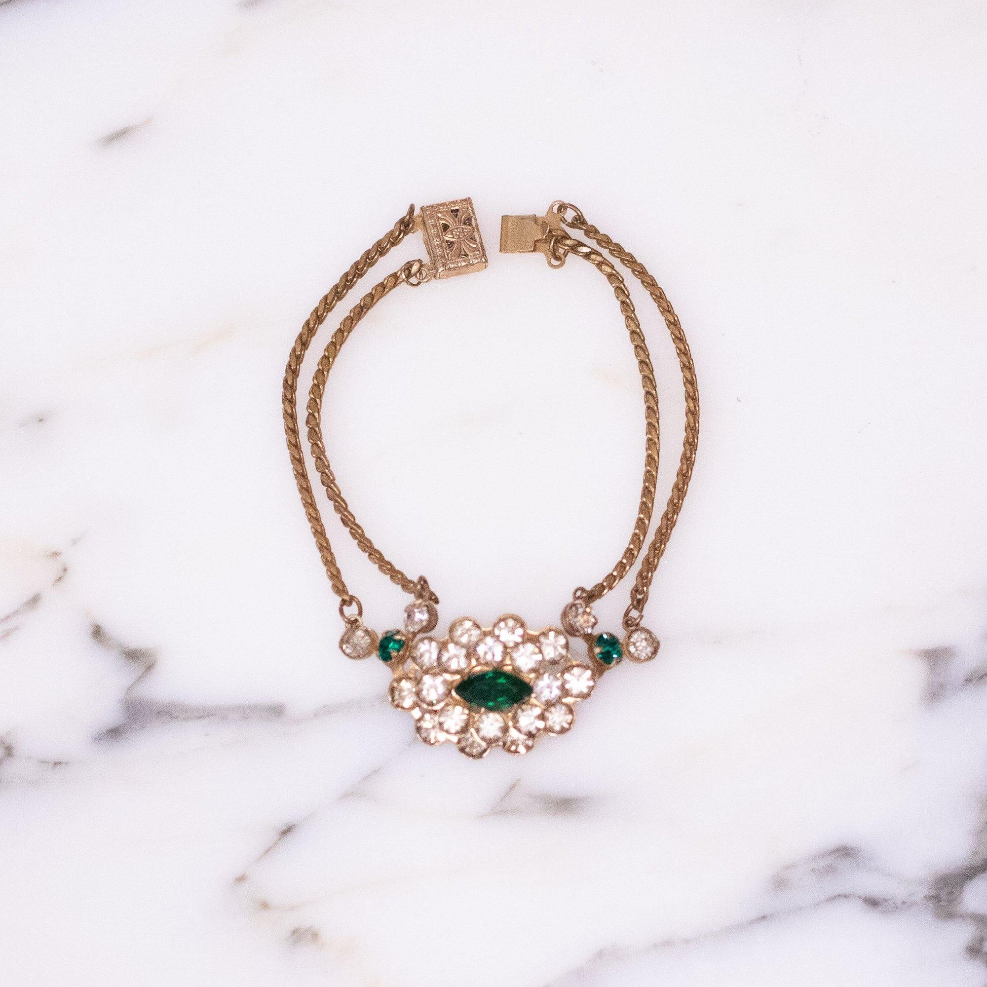 Vintage 1940s Gilt Bracelet with Diamante and Emerald Green Crystals by Unsigned Beauty - Vintage Meet Modern Vintage Jewelry - Chicago, Illinois - #oldhollywoodglamour #vintagemeetmodern #designervintage #jewelrybox #antiquejewelry #vintagejewelry