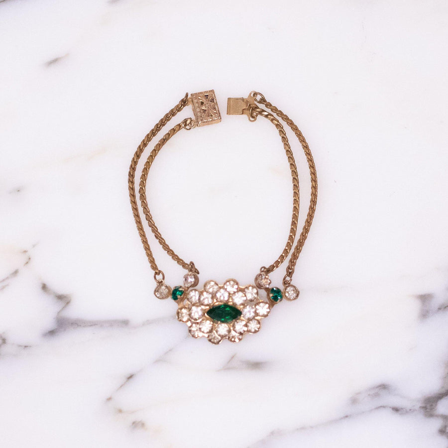 Vintage 1940s Gilt Bracelet with Diamante and Emerald Green Crystals by Unsigned Beauty - Vintage Meet Modern Vintage Jewelry - Chicago, Illinois - #oldhollywoodglamour #vintagemeetmodern #designervintage #jewelrybox #antiquejewelry #vintagejewelry