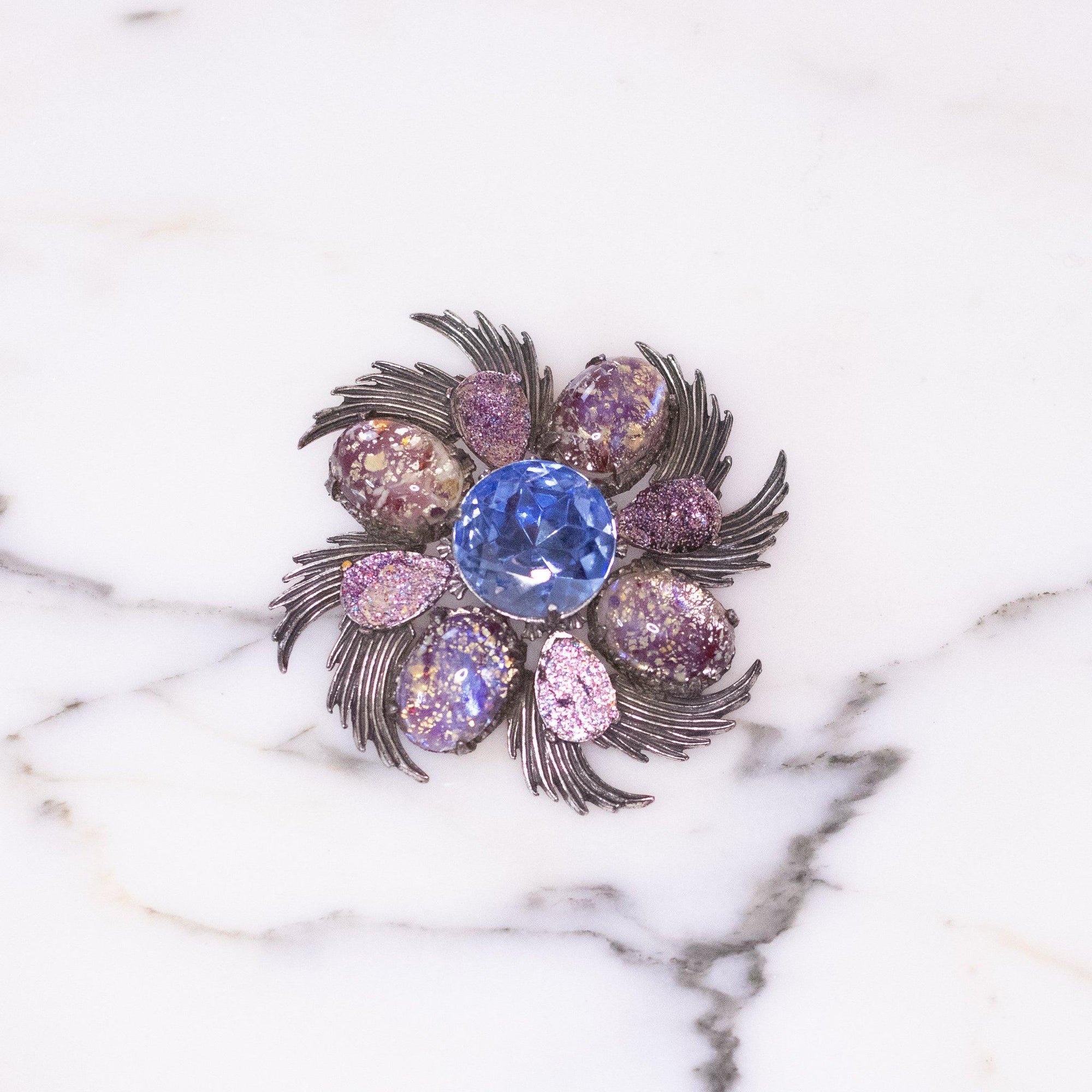 Vintage Florenza Fire Opal Glass Cabochon and Blue Rhinestone Medallion Brooch by Florezna - Vintage Meet Modern Vintage Jewelry - Chicago, Illinois - #oldhollywoodglamour #vintagemeetmodern #designervintage #jewelrybox #antiquejewelry #vintagejewelry