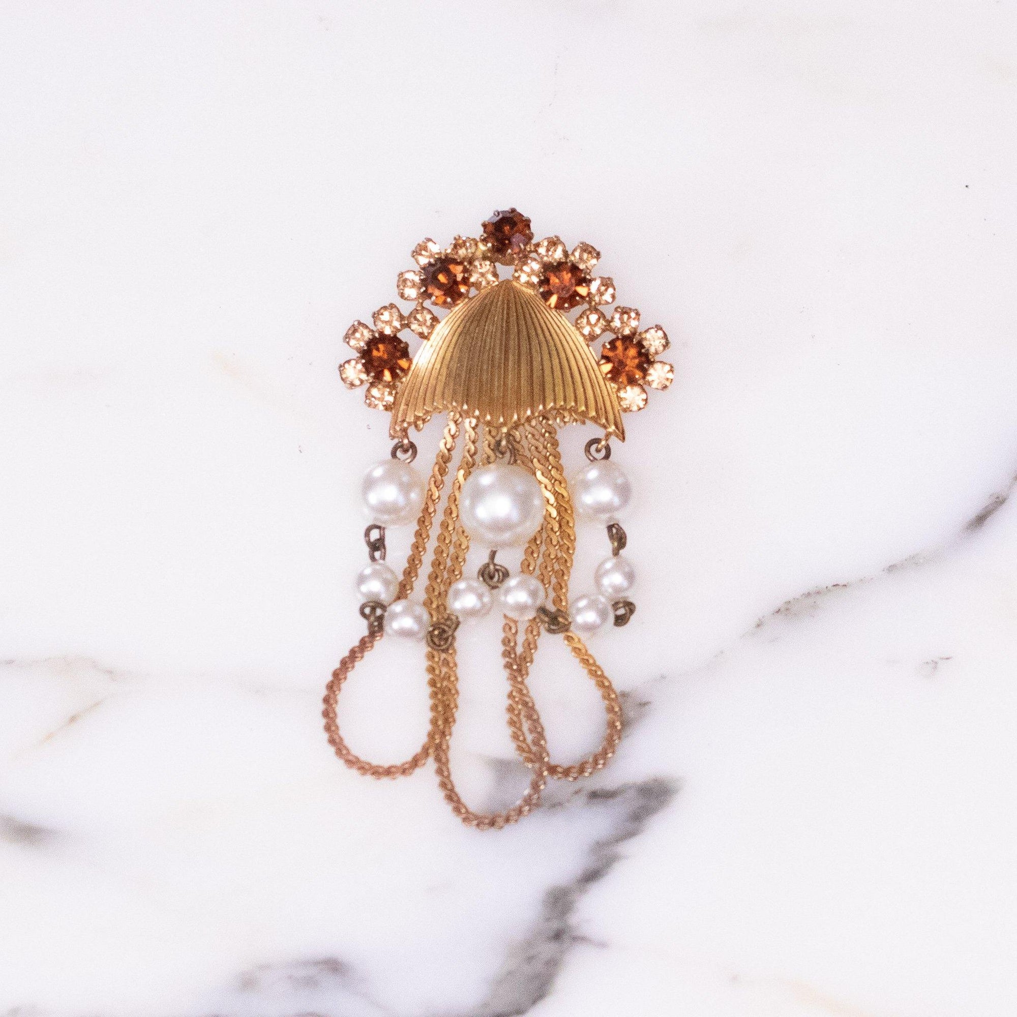 Vintage Gold Toned and Amber Rhinestone with Dangle Faux Pearls Brooch by Unsigned Beauty - Vintage Meet Modern Vintage Jewelry - Chicago, Illinois - #oldhollywoodglamour #vintagemeetmodern #designervintage #jewelrybox #antiquejewelry #vintagejewelry