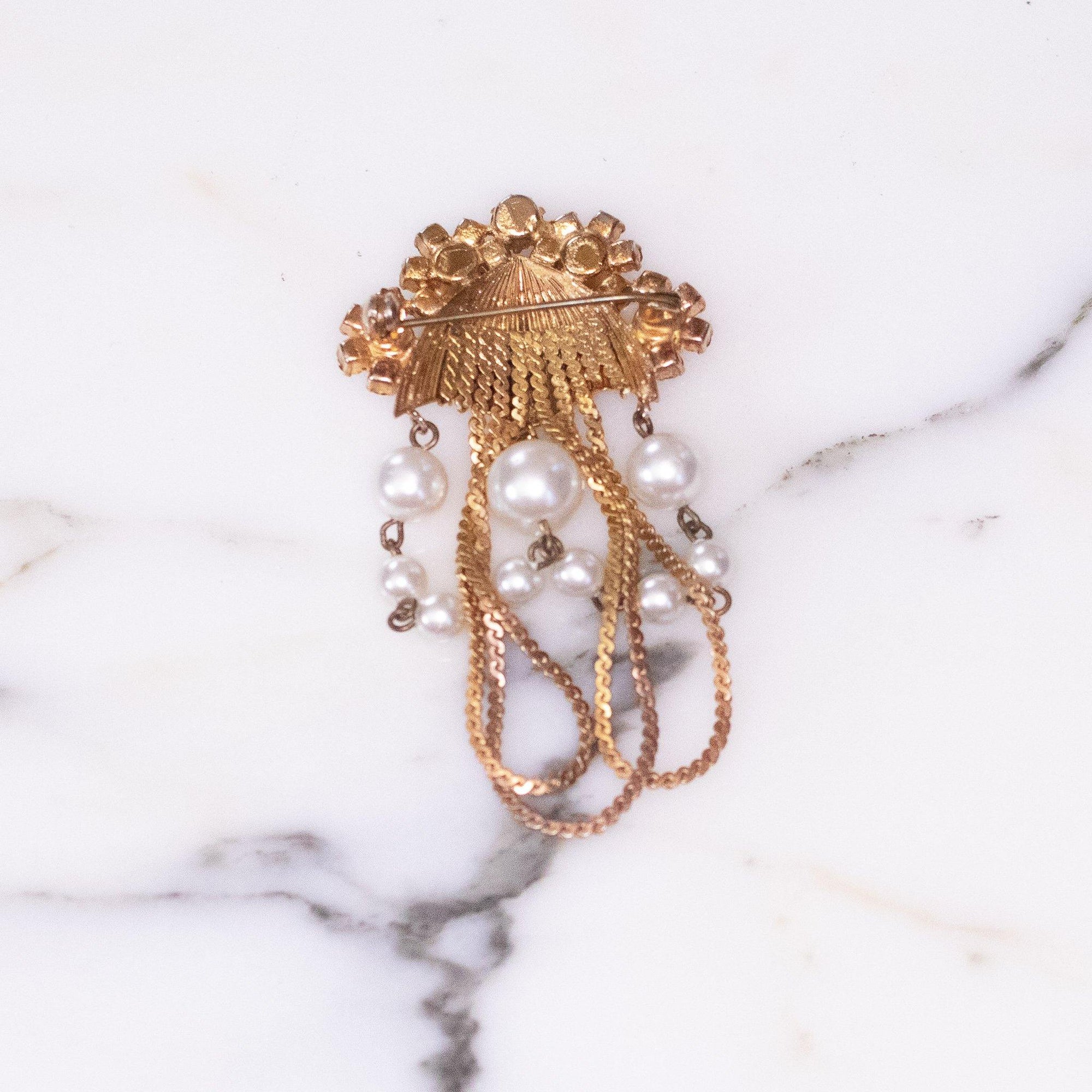 Vintage Gold Toned and Amber Rhinestone with Dangle Faux Pearls Brooch by Unsigned Beauty - Vintage Meet Modern Vintage Jewelry - Chicago, Illinois - #oldhollywoodglamour #vintagemeetmodern #designervintage #jewelrybox #antiquejewelry #vintagejewelry