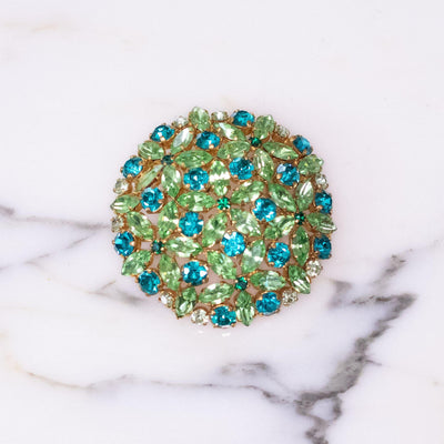 Vintage Austria Dome Emerald and Turquoise Rhinestone Brooch by Austria - Vintage Meet Modern Vintage Jewelry - Chicago, Illinois - #oldhollywoodglamour #vintagemeetmodern #designervintage #jewelrybox #antiquejewelry #vintagejewelry