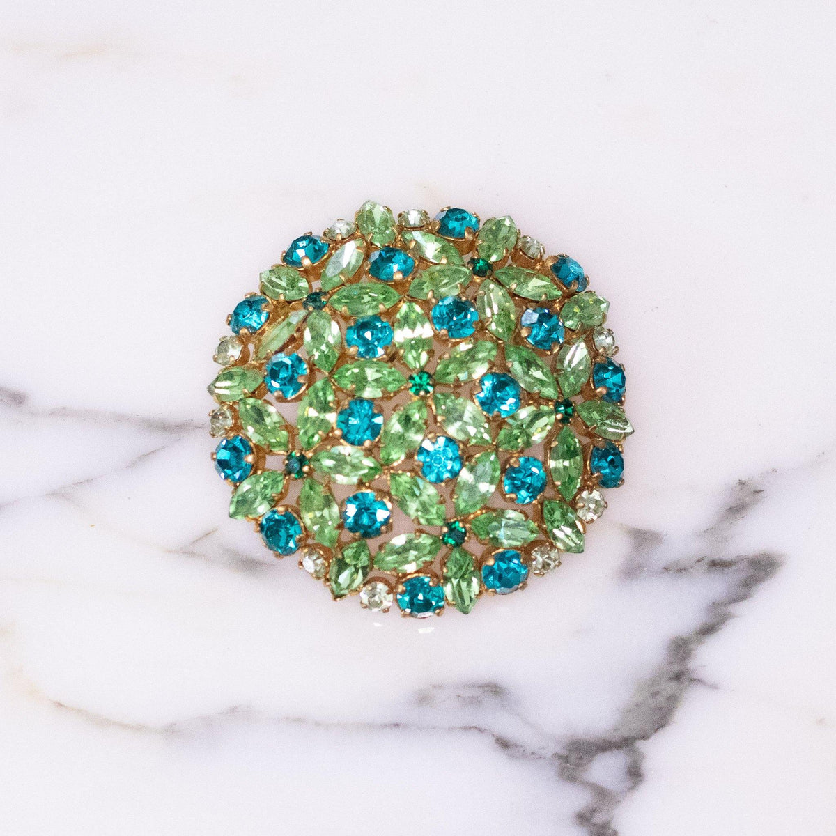 Vintage Austria Dome Emerald and Turquoise Rhinestone Brooch