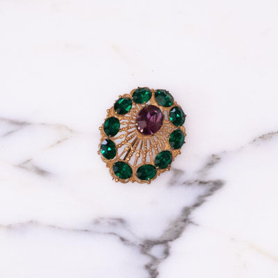 Vintage Czech Gold Brooch with Emerald and Purple Amethyst Rhinestone by Czech - Vintage Meet Modern Vintage Jewelry - Chicago, Illinois - #oldhollywoodglamour #vintagemeetmodern #designervintage #jewelrybox #antiquejewelry #vintagejewelry