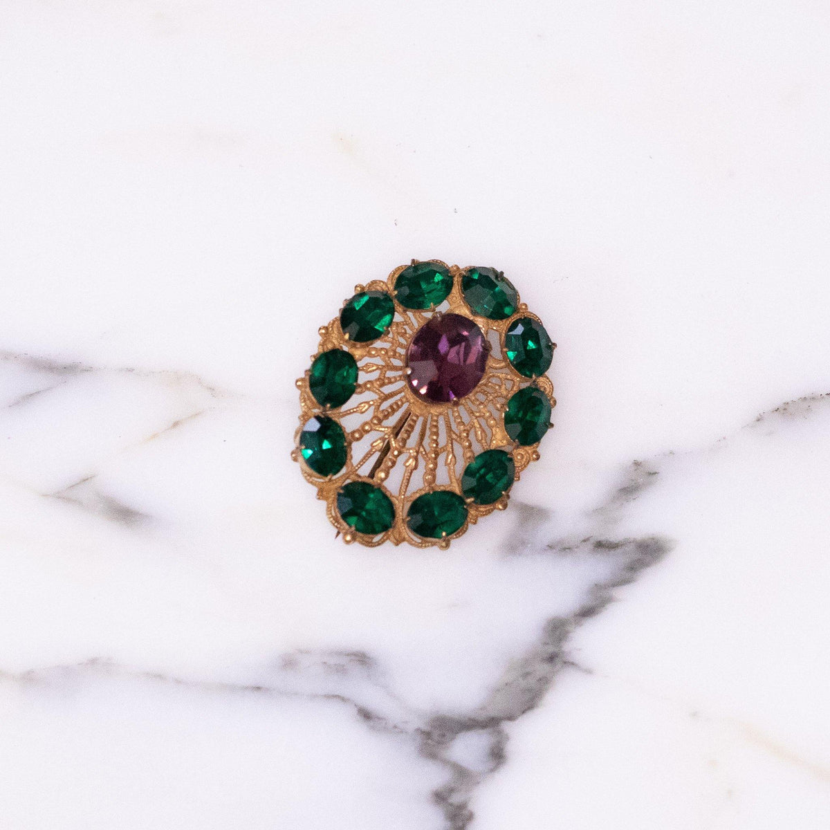 Vintage Czech Gold Brooch with Emerald and Purple Amethyst Rhinestone