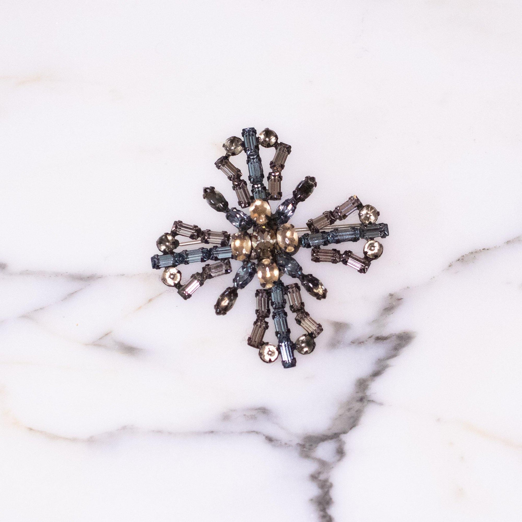Vintage Austria Maltese Cross Smoke Gray and Blue Rhinestone Brooch by Austria - Vintage Meet Modern Vintage Jewelry - Chicago, Illinois - #oldhollywoodglamour #vintagemeetmodern #designervintage #jewelrybox #antiquejewelry #vintagejewelry