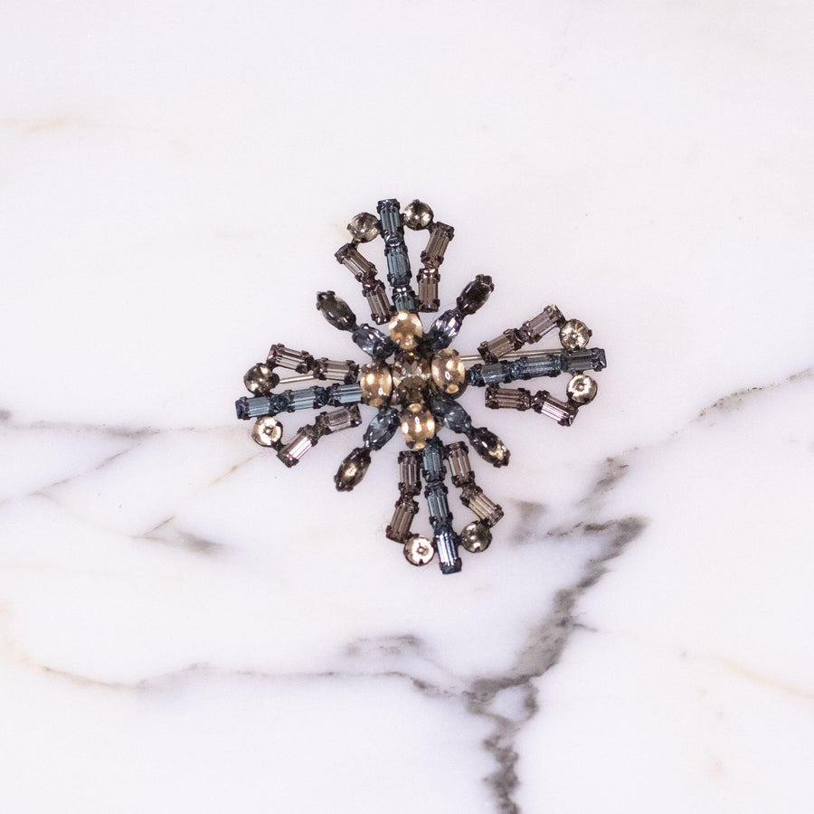 Vintage Austria Maltese Cross Smoke Gray and Blue Rhinestone Brooch by Austria - Vintage Meet Modern Vintage Jewelry - Chicago, Illinois - #oldhollywoodglamour #vintagemeetmodern #designervintage #jewelrybox #antiquejewelry #vintagejewelry