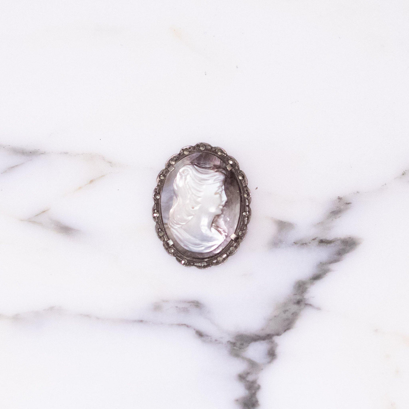 Vintage Sterling Silver Cameo Brooch, Carved Gray and Mother of Pearl Cameo, Brooches and Pins, Pendant