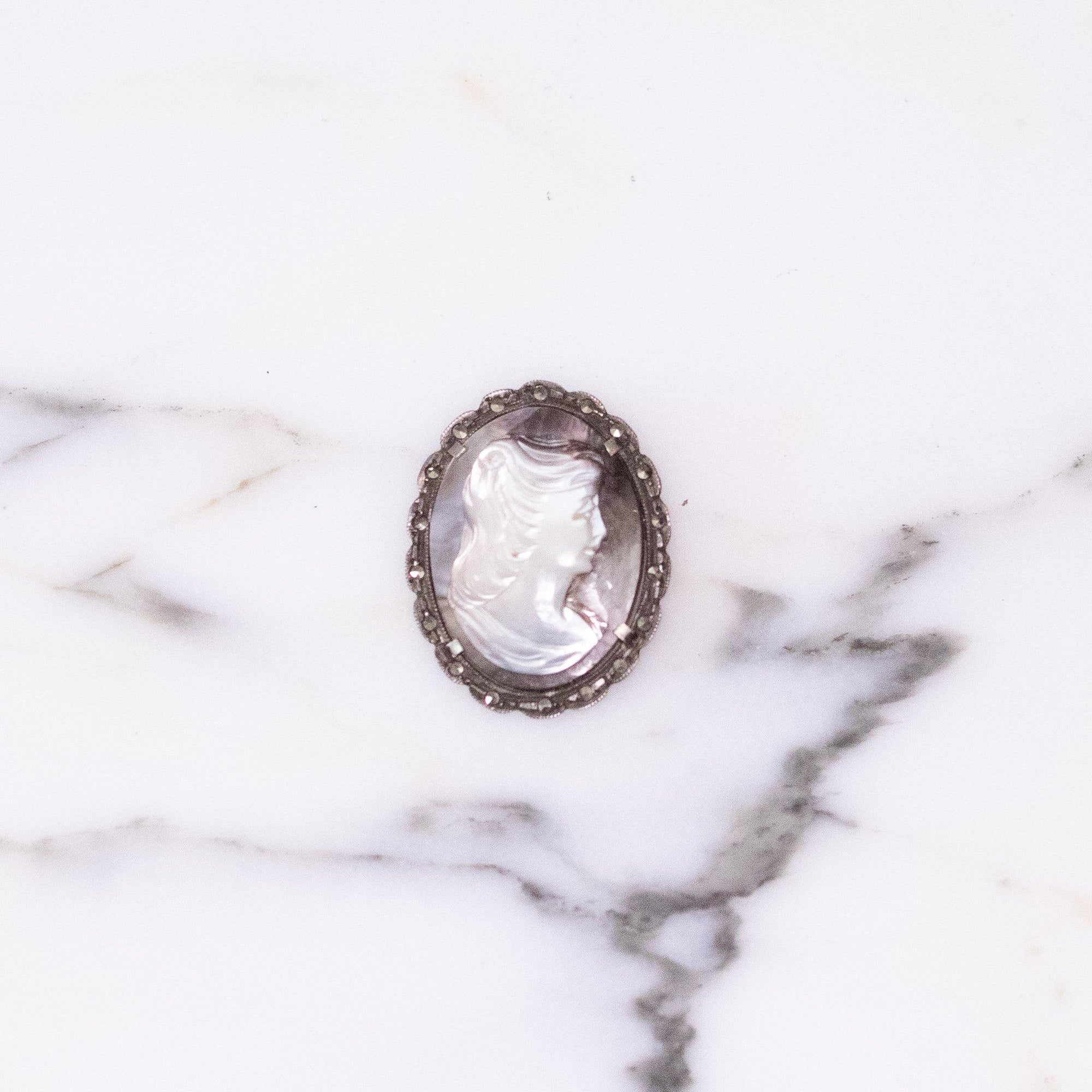 Vintage Sterling Silver Cameo Brooch, Carved Gray and Mother of Pearl Cameo, Brooches and Pins, Pendant by Sterling Silver - Vintage Meet Modern Vintage Jewelry - Chicago, Illinois - #oldhollywoodglamour #vintagemeetmodern #designervintage #jewelrybox #antiquejewelry #vintagejewelry