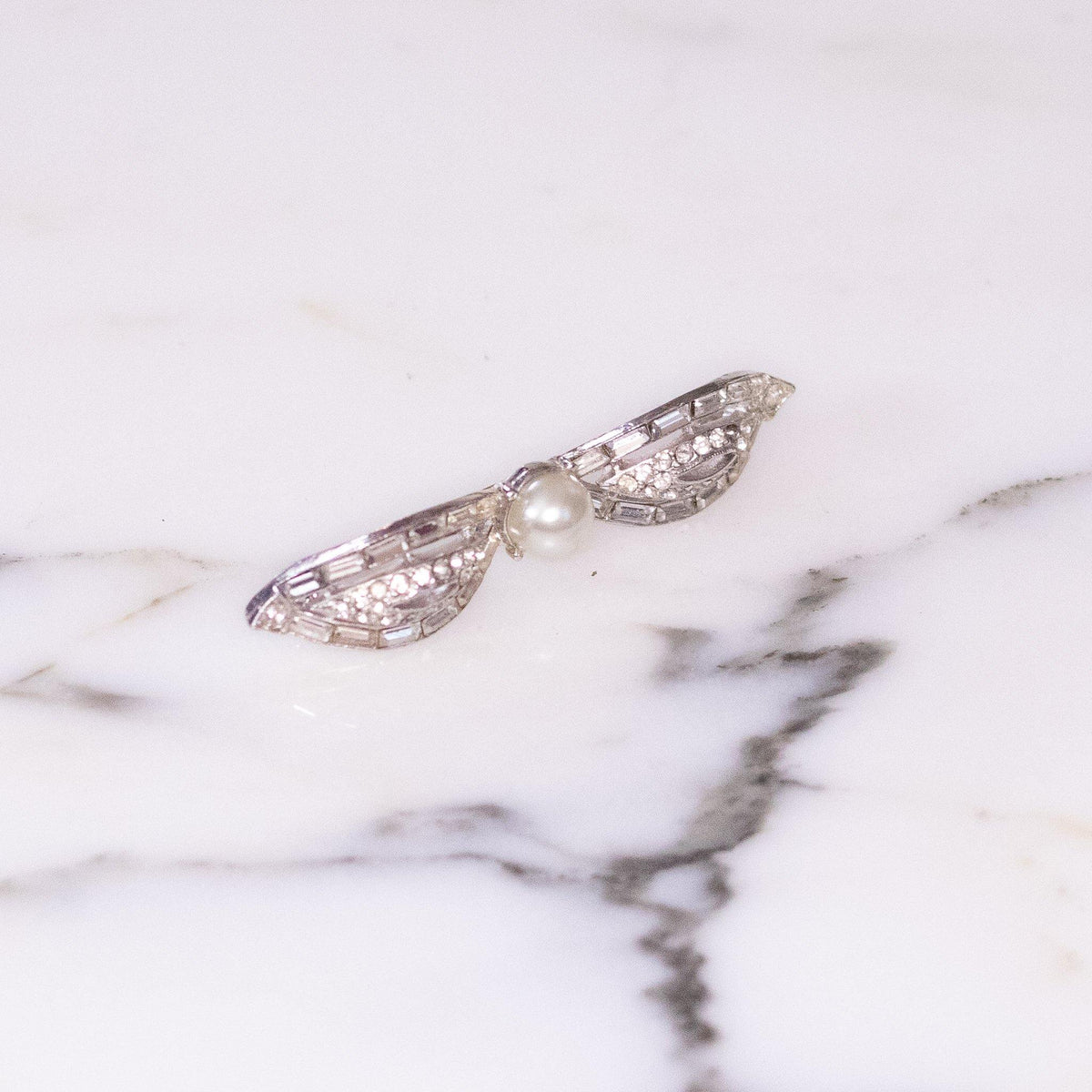 Vintage Diamante Rhinestone and Faux Pearl Bar Pin Brooch