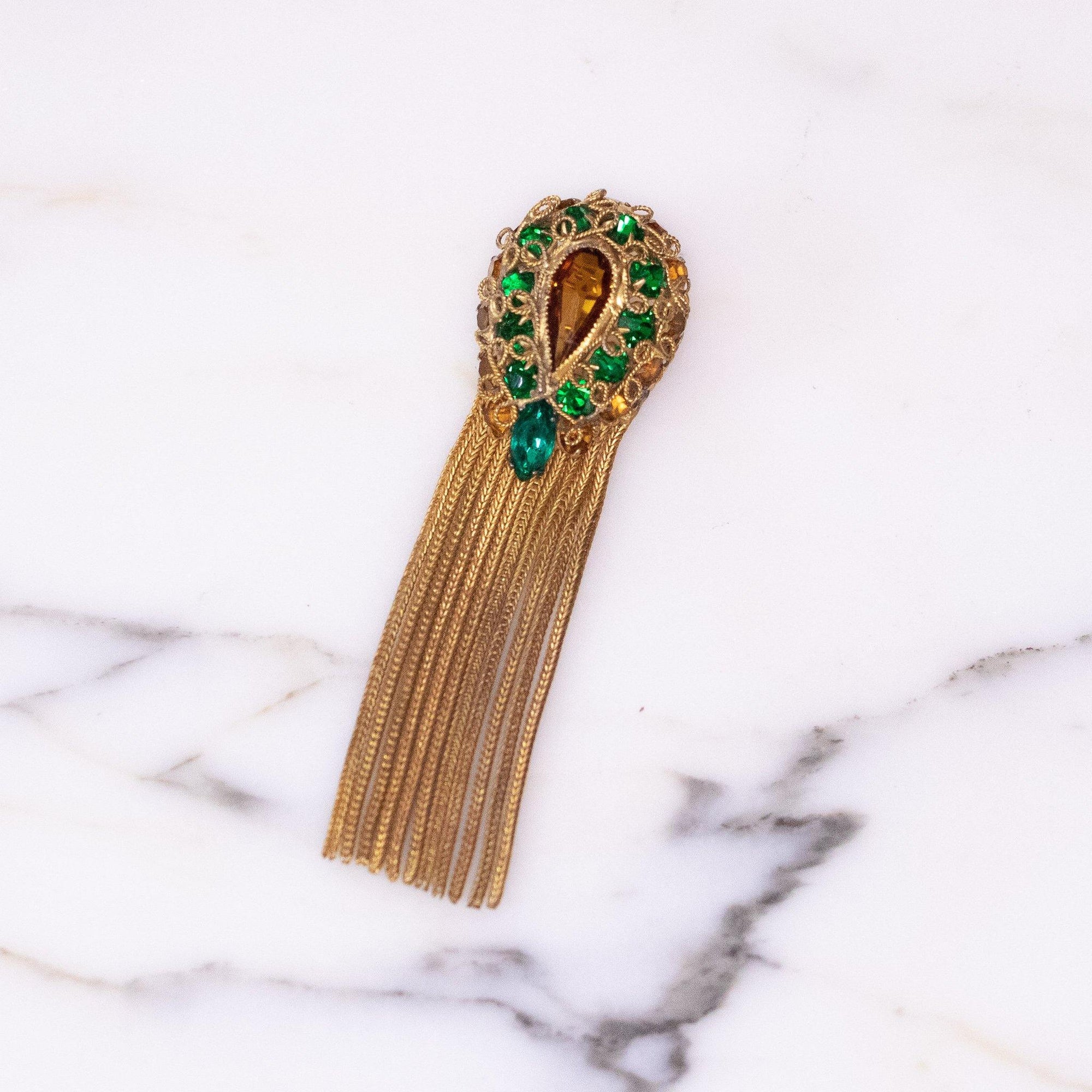 Vintage Czech Emerald and Amber Rhinestone Brooch Gold Tone Fringe Tassels by Czech - Vintage Meet Modern Vintage Jewelry - Chicago, Illinois - #oldhollywoodglamour #vintagemeetmodern #designervintage #jewelrybox #antiquejewelry #vintagejewelry