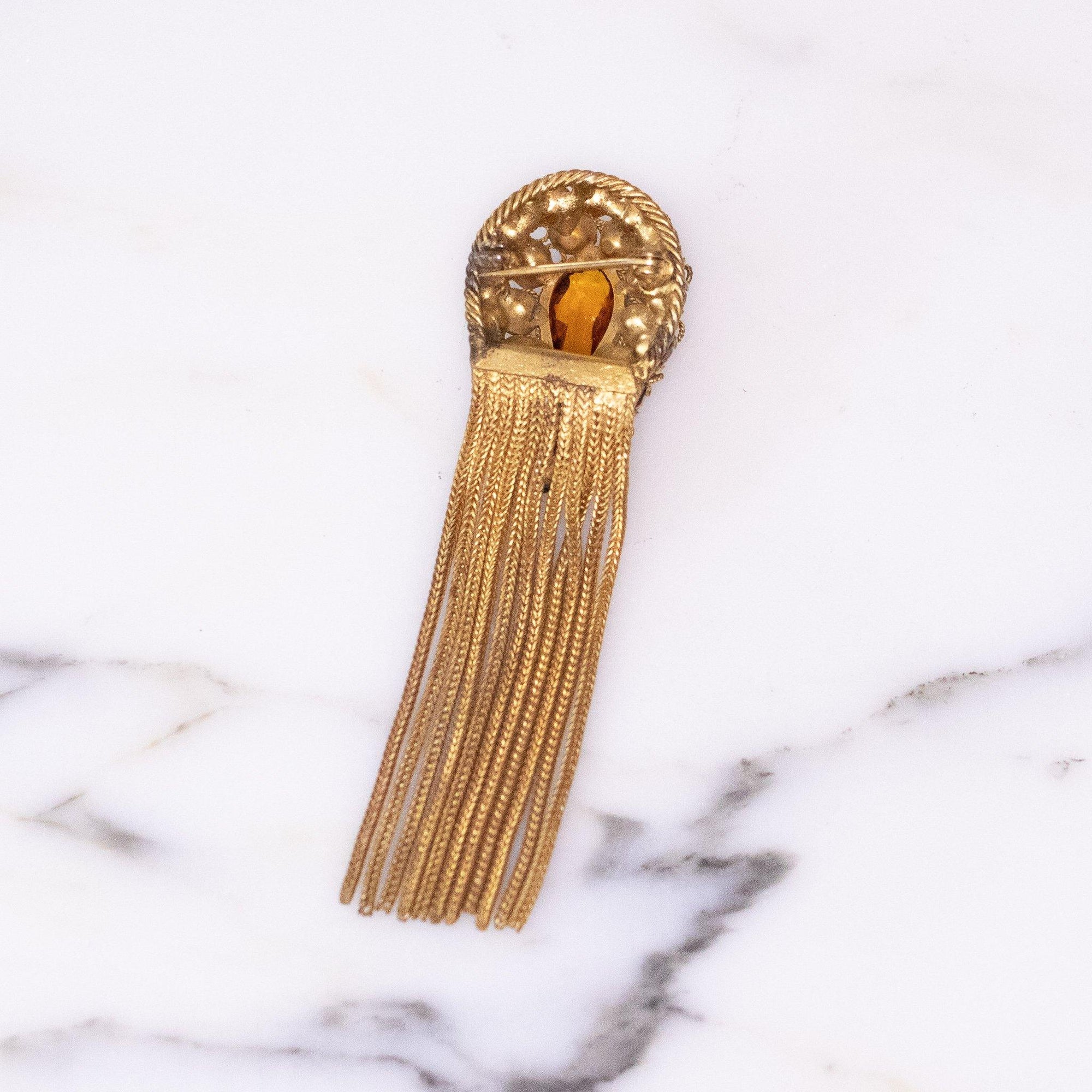 Vintage Czech Emerald and Amber Rhinestone Brooch Gold Tone Fringe Tassels by Czech - Vintage Meet Modern Vintage Jewelry - Chicago, Illinois - #oldhollywoodglamour #vintagemeetmodern #designervintage #jewelrybox #antiquejewelry #vintagejewelry