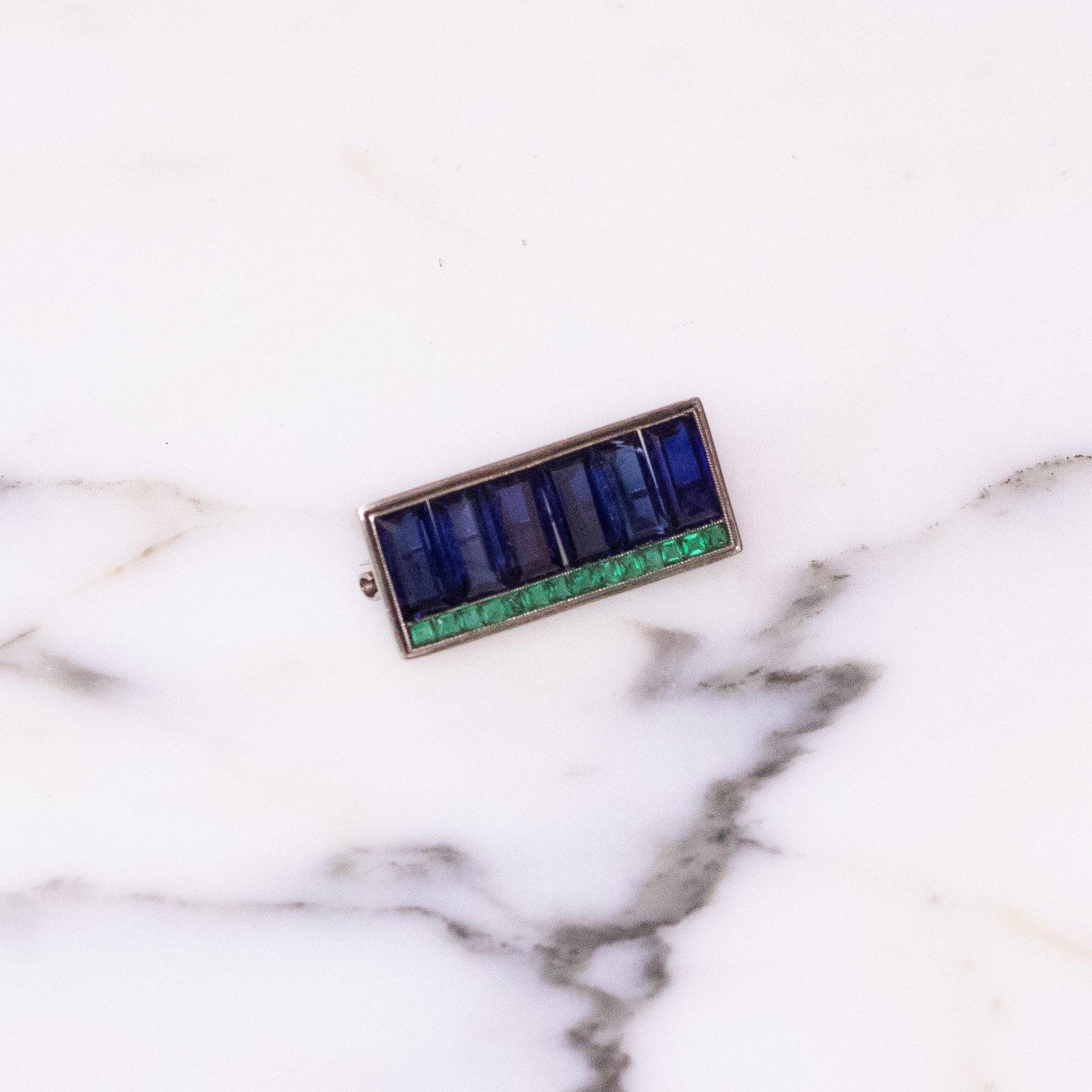 Vintage Art Deco Sterling Silver Rectangle Shaped Sapphire and Emerald Rhinestone Brooch by Vintage Meet Modern - Vintage Meet Modern Vintage Jewelry - Chicago, Illinois - #oldhollywoodglamour #vintagemeetmodern #designervintage #jewelrybox #antiquejewelry #vintagejewelry