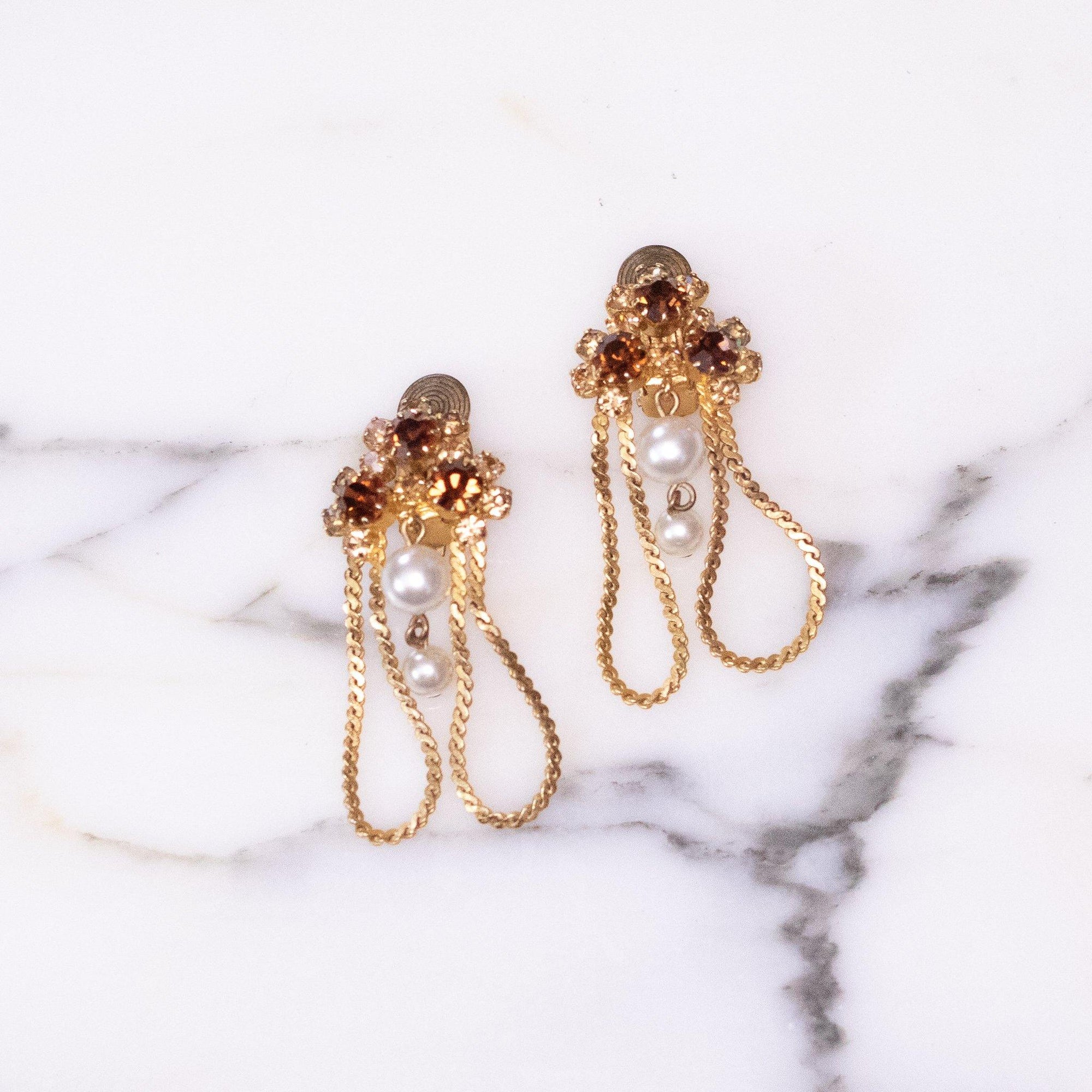 Vintage Gold Toned and Amber Rhinestone with Dangle Faux Pearls Earrings by Unsigned Beauty - Vintage Meet Modern Vintage Jewelry - Chicago, Illinois - #oldhollywoodglamour #vintagemeetmodern #designervintage #jewelrybox #antiquejewelry #vintagejewelry