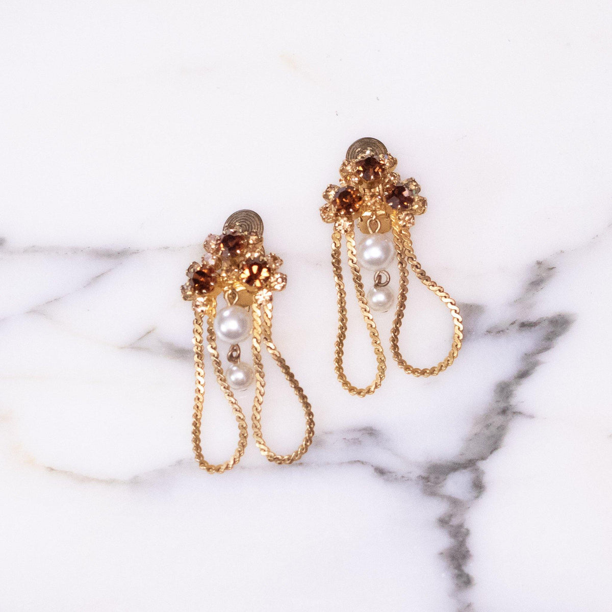 Vintage Gold Toned and Amber Rhinestone with Dangle Faux Pearls Earrings