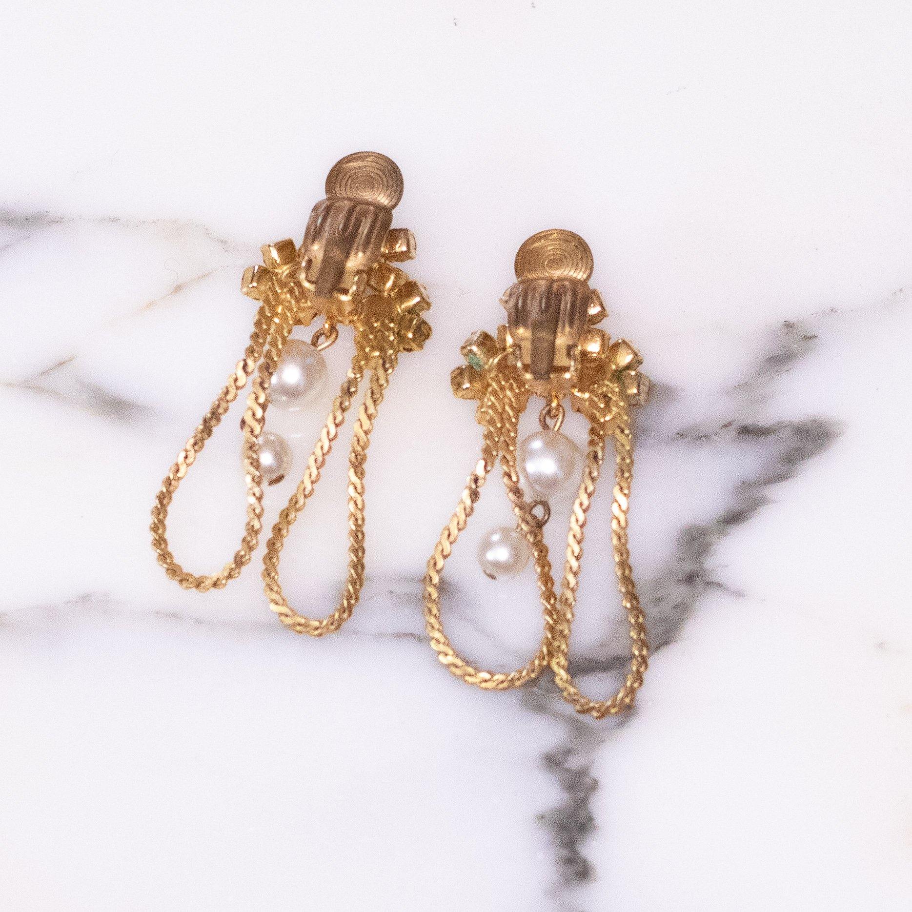 Vintage Gold Toned and Amber Rhinestone with Dangle Faux Pearls Earrings by Unsigned Beauty - Vintage Meet Modern Vintage Jewelry - Chicago, Illinois - #oldhollywoodglamour #vintagemeetmodern #designervintage #jewelrybox #antiquejewelry #vintagejewelry