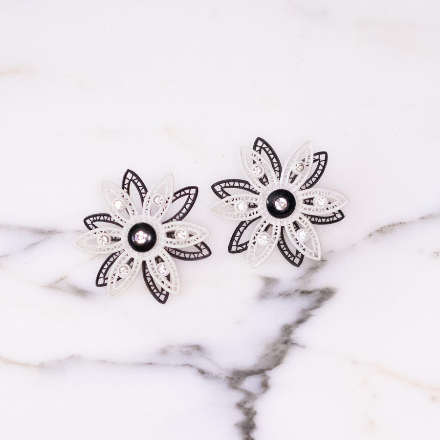Vintage West Germany Black and White Lucite Lace Flower Earrings with Rhinestones by West Germany - Vintage Meet Modern Vintage Jewelry - Chicago, Illinois - #oldhollywoodglamour #vintagemeetmodern #designervintage #jewelrybox #antiquejewelry #vintagejewelry