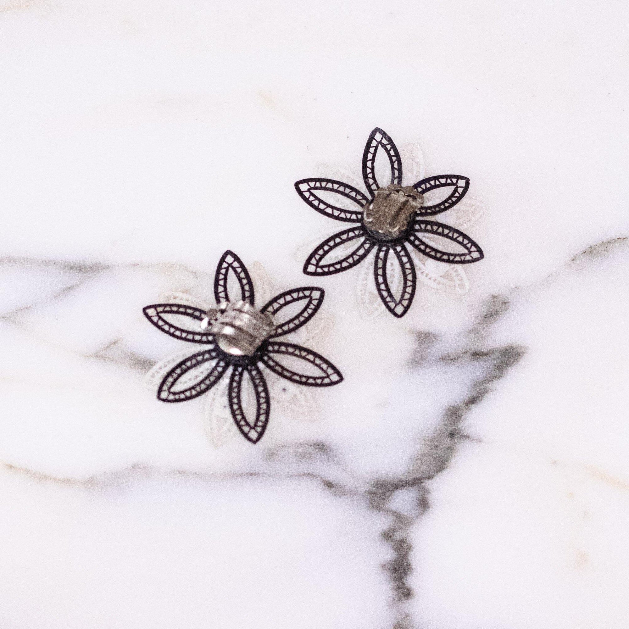 Vintage West Germany Black and White Lucite Lace Flower Earrings with Rhinestones by West Germany - Vintage Meet Modern Vintage Jewelry - Chicago, Illinois - #oldhollywoodglamour #vintagemeetmodern #designervintage #jewelrybox #antiquejewelry #vintagejewelry